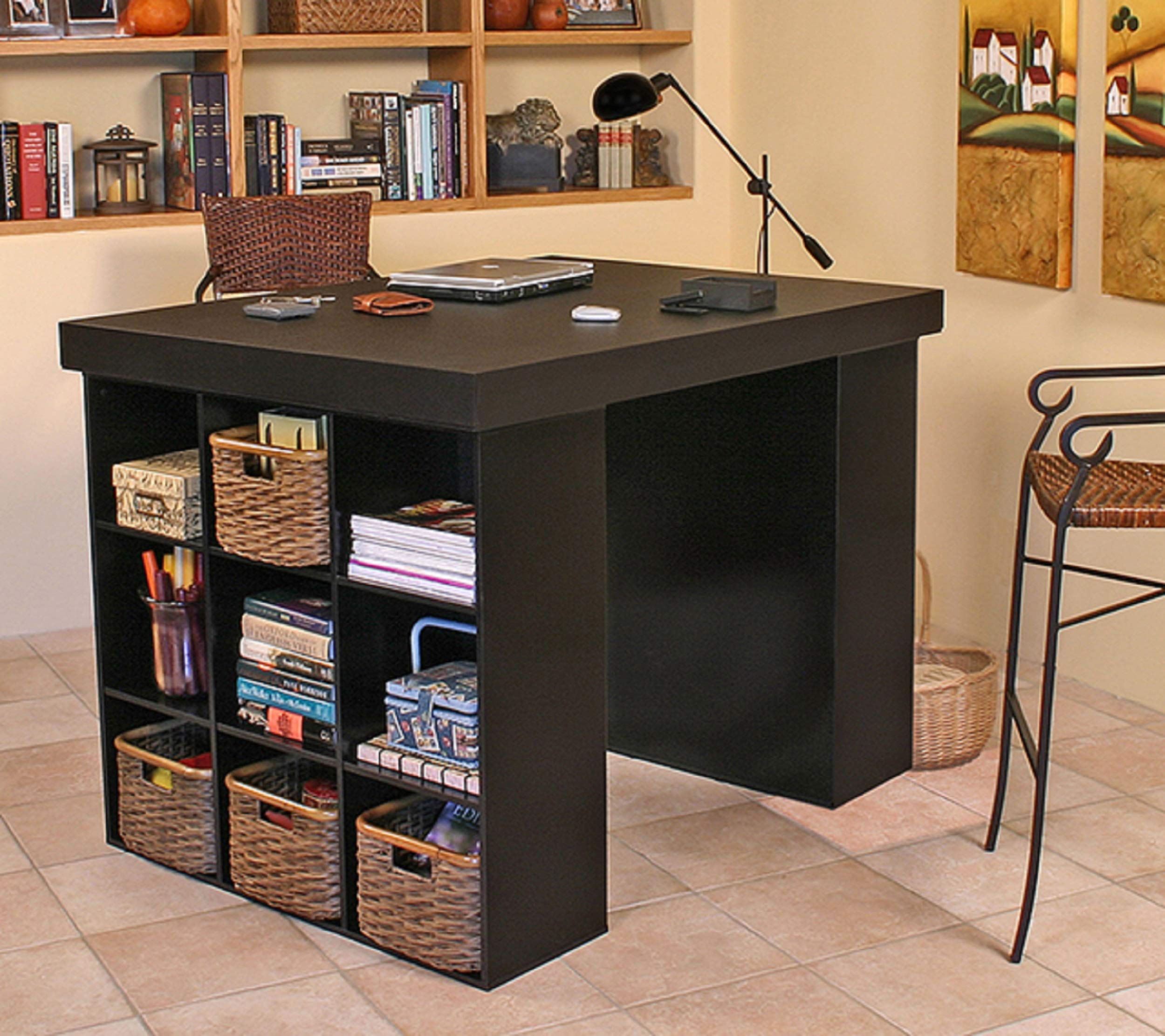 Black Project Center Desk with 2 Bookcase Sides - Home Office Workstation for Study, Writing & Organization - Perfect for Small Spaces & Student Dorm Rooms