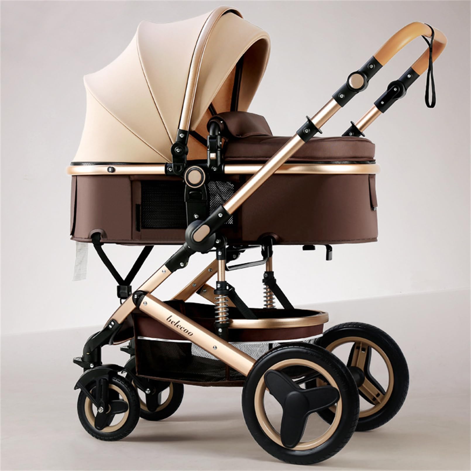 2 in 1 Baby Stroller - Foldable High Landscape Infant Stroller & Reversible Bassinet Pushchair with Adjustable Canopy (Khaki) | Perfect for Newborns, Travel, Shopping & Outdoor Walks