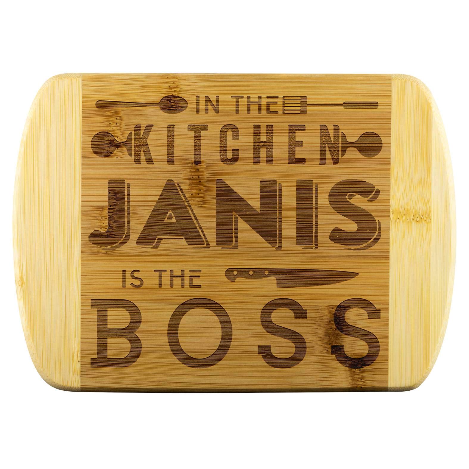 Funny Kitchen Cutting Board - Unique Mothers Day Gifts, Bamboo Engraved 'In The Kitchen Janis Is The Boss' Design, Best Gifts For Mom, Perfect for Cooking, Baking, and Family Gatherings