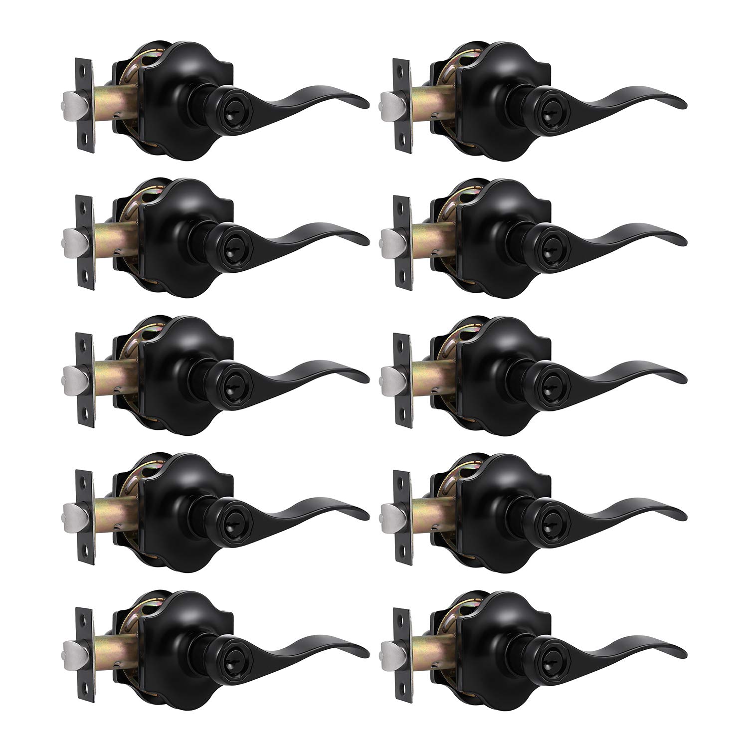 KNOBWELL Antique Door Lever Keyed Entry Door Lock - Matte Black 10 Pack with Different Keys - Reversible for Left/Right Handed - Exterior/Interior Door Handleset - Perfect for Home, Office & Commercial Security Doors