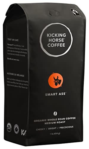 Organic Smart Ass Whole Bean Coffee by Kicking Horse - 16oz (454g) Dark Roast - Fair Trade Certified - Perfect for Home Brewing & Office Use