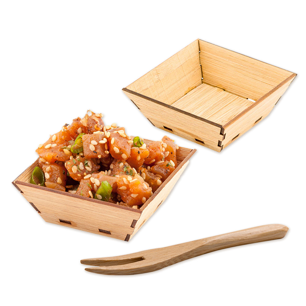 100-Pack 1.5oz Square Natural Bamboo Mini Kova Bowls & 100-Pack 3.5