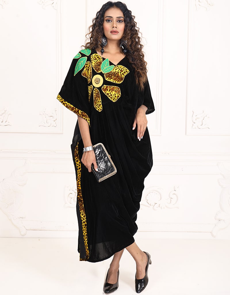 Stylish Arabic Dark Back Multi Printed Velvet Kaftan - Elegant Long Dress for Women, Perfect for Parties, Weddings & Special Occasions