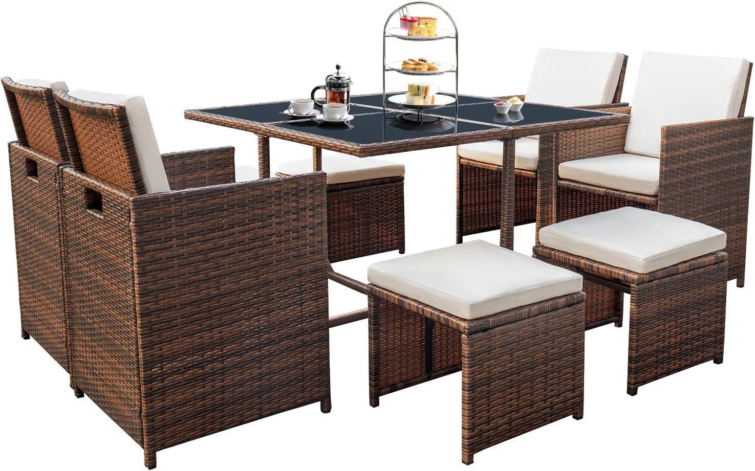 Devoko 9-Piece Outdoor Patio Dining Set - Space-Saving Rattan Chairs with Tempered Glass Table, Cushioned Seating & Backrest - Beige Sectional Conversation Set for Garden, Poolside & Backyard Relaxation