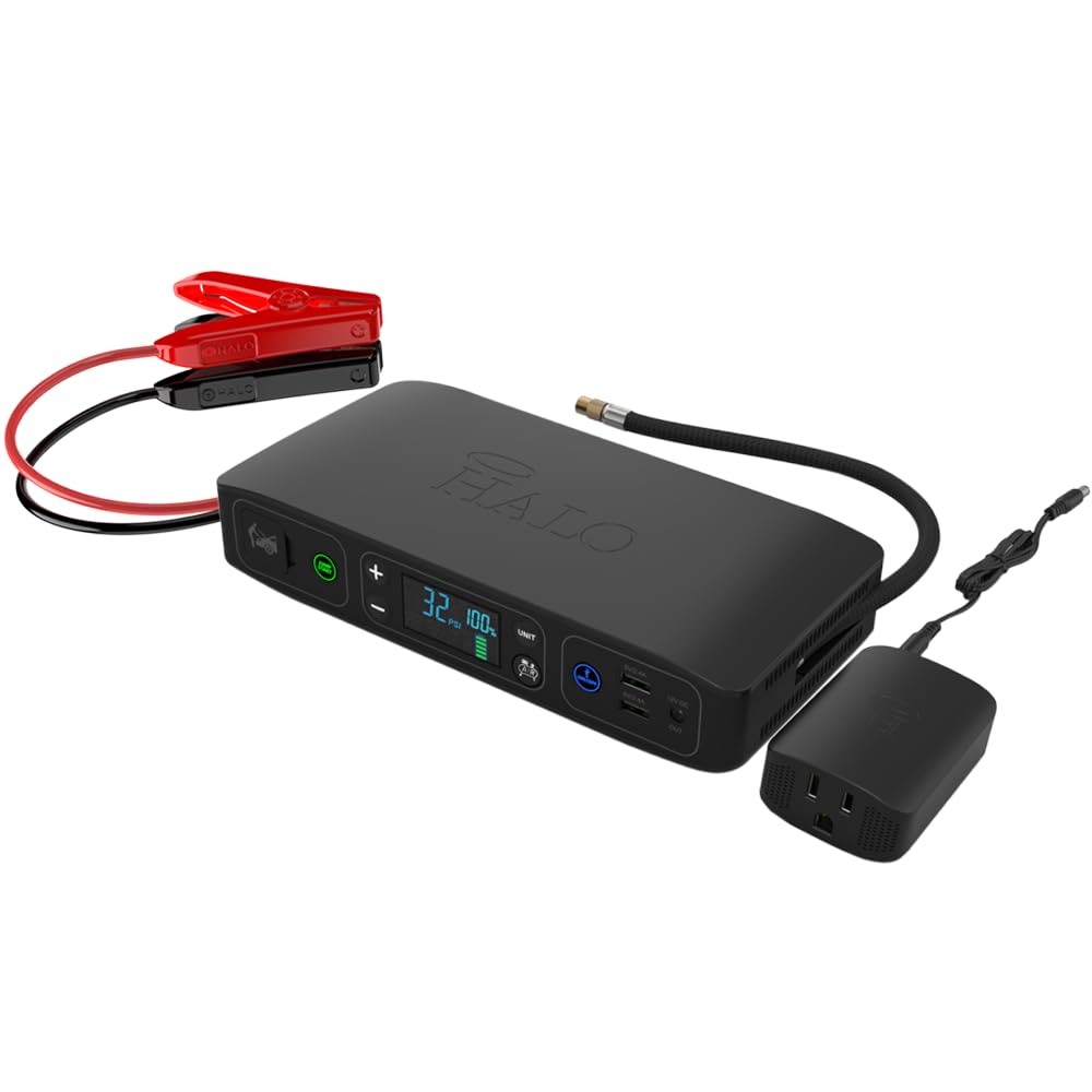 HALO Bolt Air+ Portable Car Jump Starter with Built-in Air Compressor, 58800mAh Power Bank with Digital Display for Phones & Tablets - Emergency Vehicle Battery Booster & AC Inverter for Road Trips & Outdoor Adventures