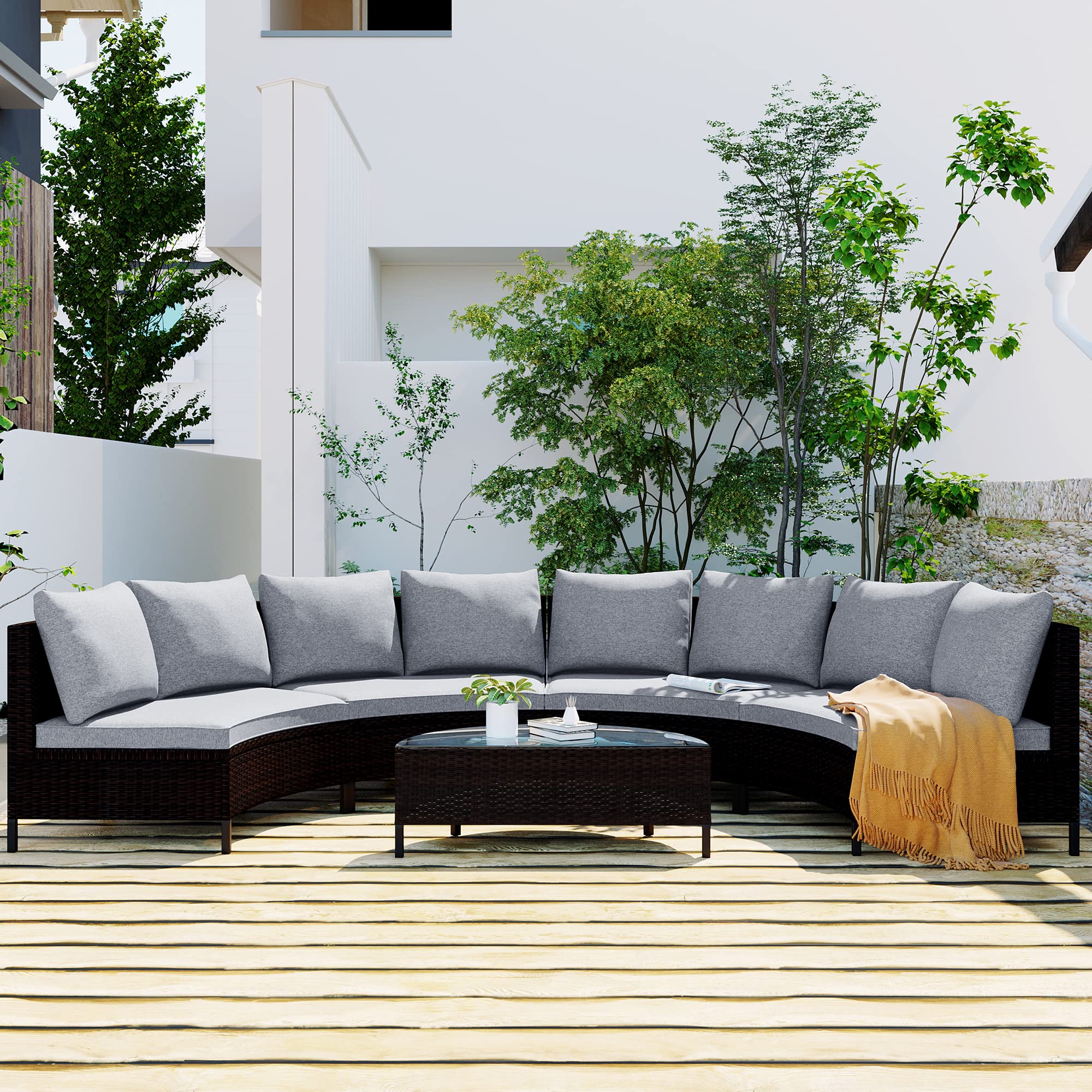 5-Piece Outdoor Rattan Patio Furniture Set - All-Weather Brown Wicker Half-Moon Sofa with Table & Grey Cushions - Perfect for Poolside, Balcony, Garden or Backyard Relaxation