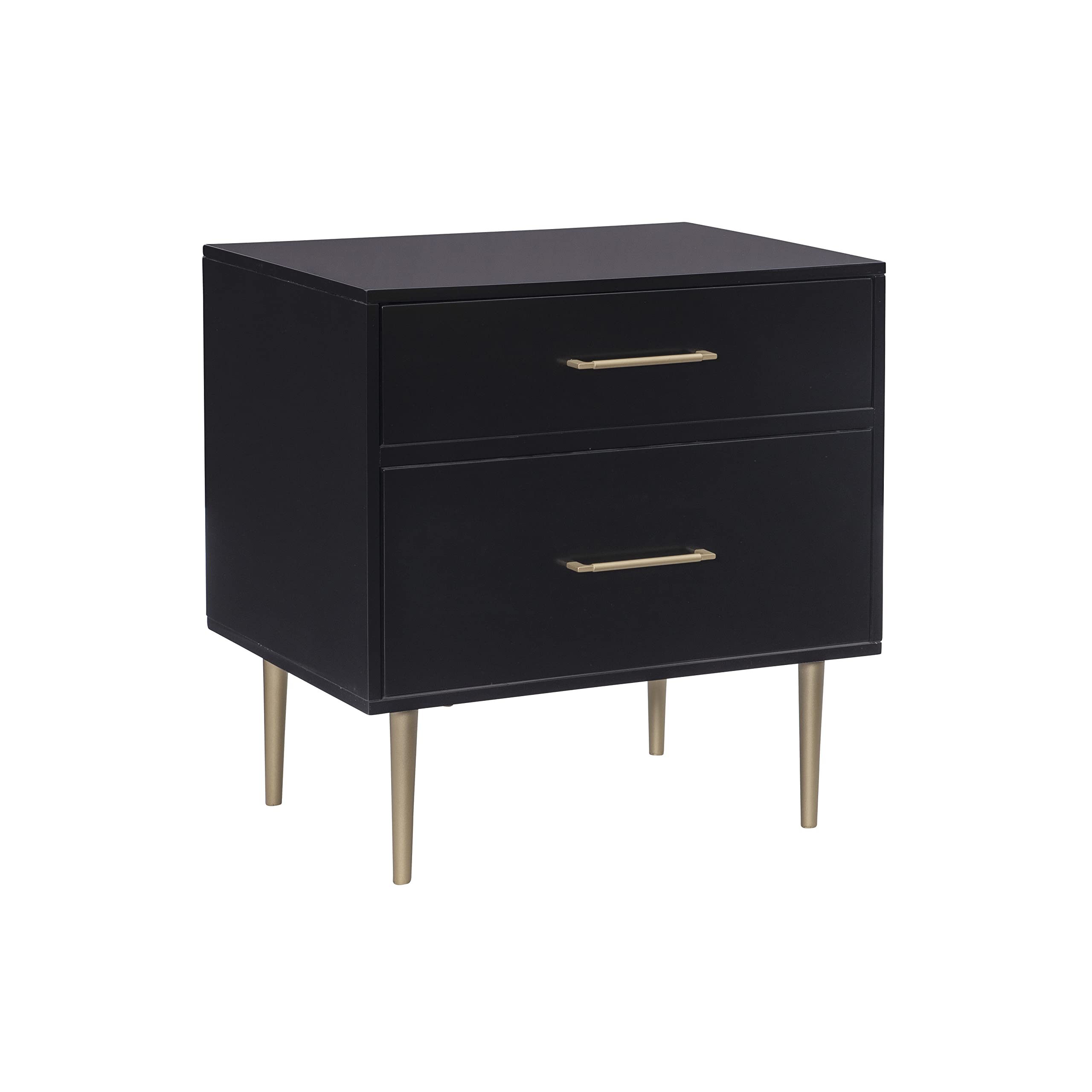 Linon Modern Nightstand with 2 Drawers - Black & Gold Hardware, Bedside Table for Bedroom, Living Room, or Office Storage