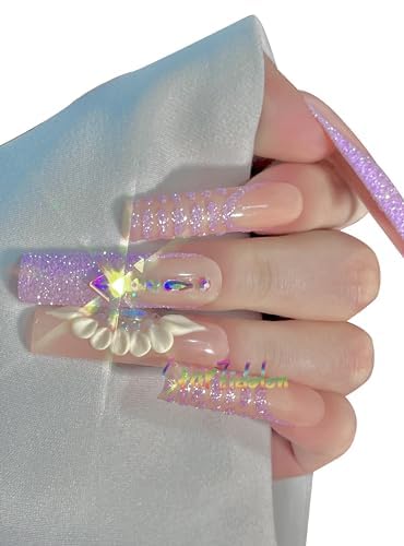 Hand-Painted Purple Press on Nails Kit - Medium Length Coffin & Almond False Nails with Nail Glue - X-Small Size (L1) - Perfect for Parties, Weddings, and Special Occasions