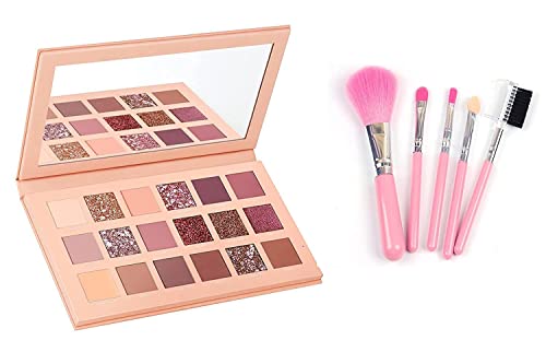 Zaduhik 5-Piece Pink Makeup Brushes Set & Nude Eyeshadow Palette - Shimmery & Matte Finish (Pack of 6) | Perfect for Everyday Makeup, Professional Looks & Travel Beauty Essentials
