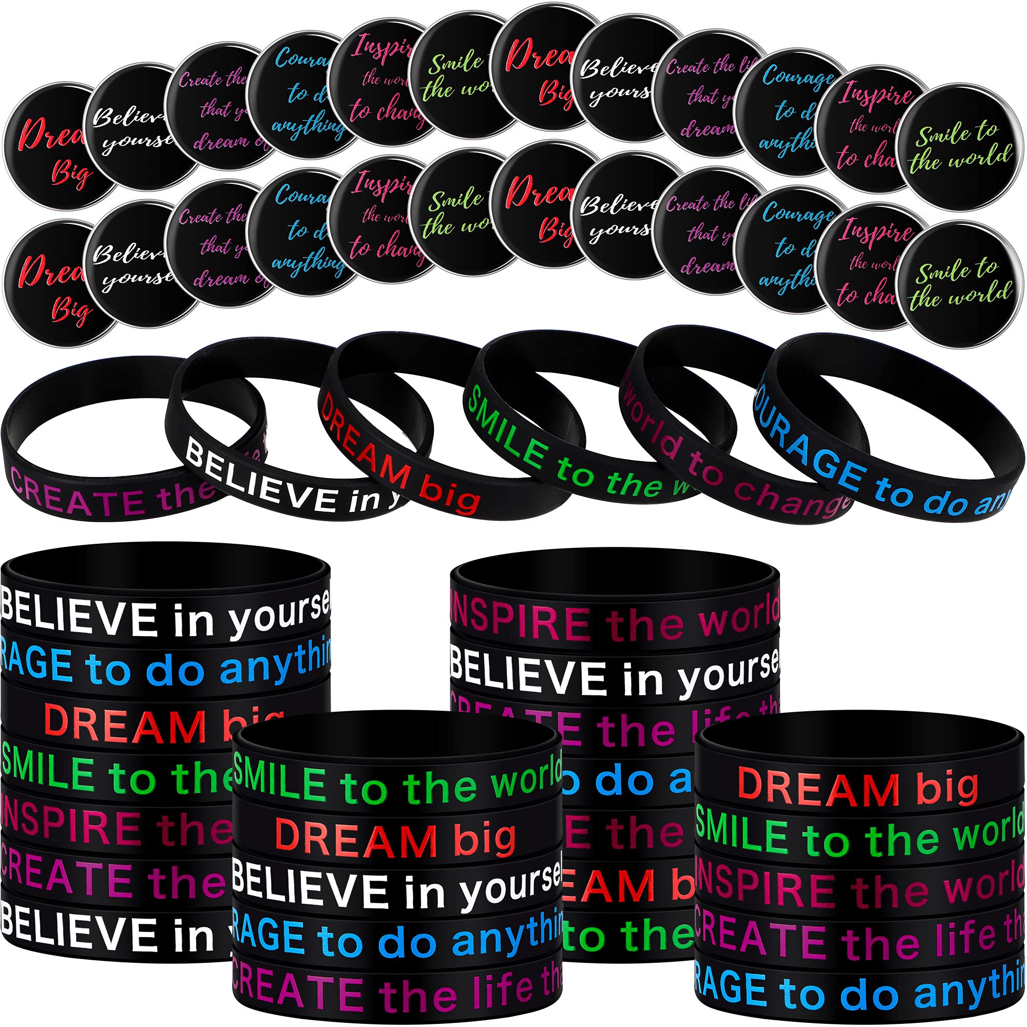 72-Piece Motivational Bracelet and Pin Set - 36 Silicone Stretch Wristbands & 36 Inspirational Button Pins - Colorful Rubber Bracelets with Uplifting Messages (Black) - Perfect for Team Building, Gifts, and Self-Encouragement