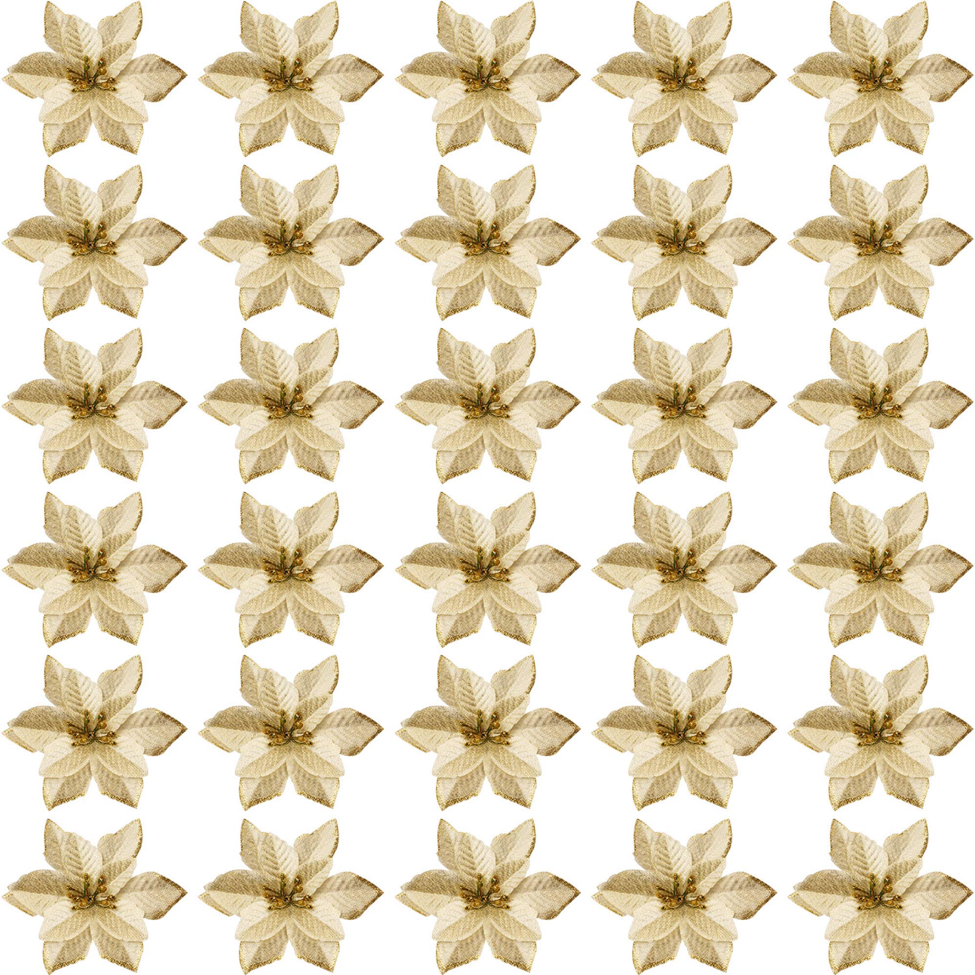 30 Gold Glitter Christmas Tree Ornaments - Artificial Poinsettia Flowers for Holiday Decor, Wedding Centerpieces & Wreath Decorations - Perfect for Christmas Tree Decor, Gift Wrapping & Festive Home Decor