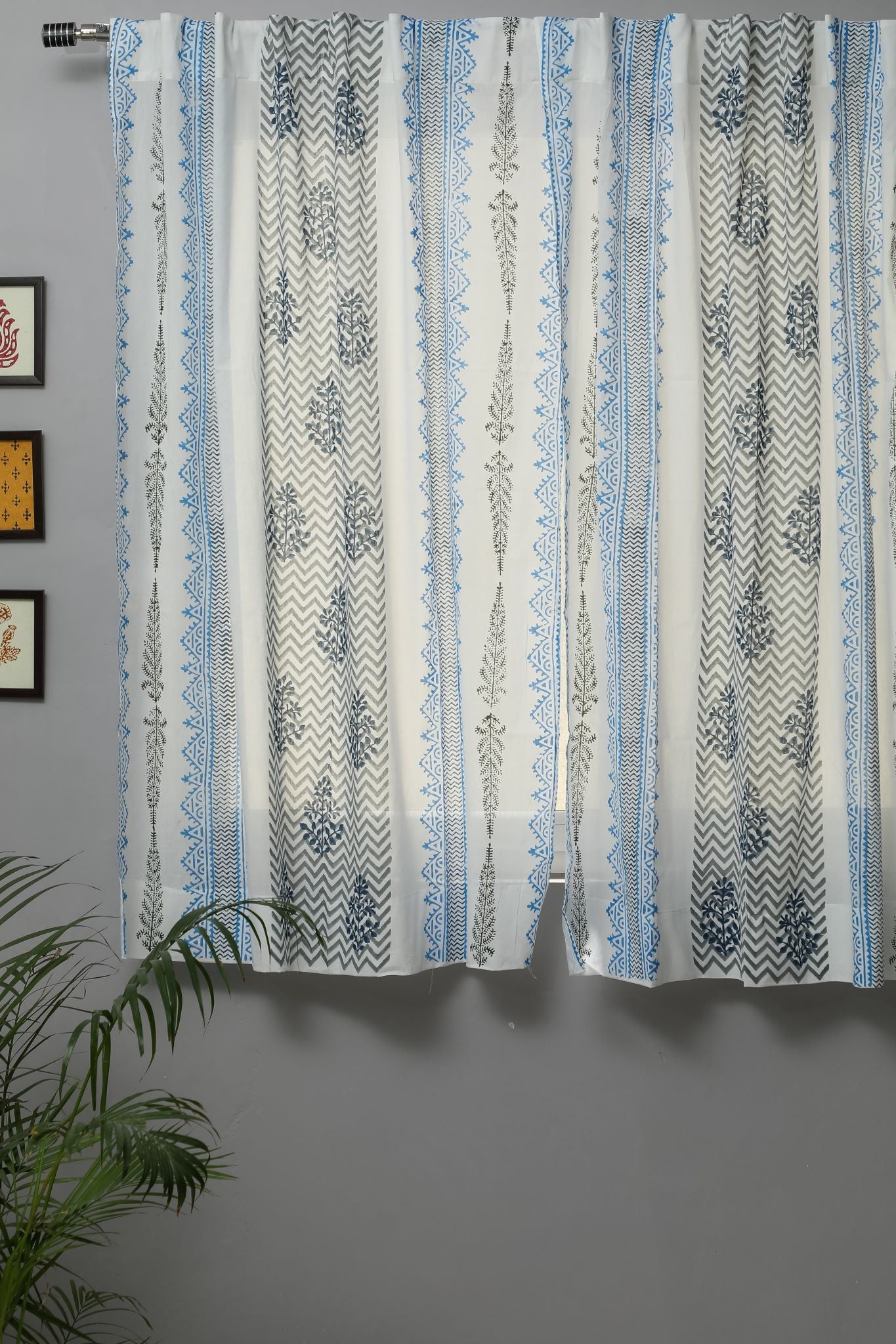 Bering Blue Handblock Printed Cotton Window Curtains - Premium Handcrafted Indian Block Print Drapes for Living Room, Bedroom & Dining Room Decor