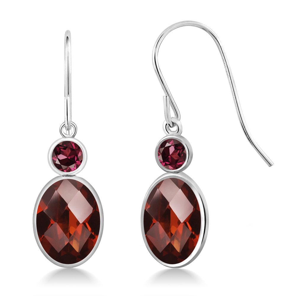 14K White Gold Red Garnet & Rhodolite Garnet Dangle Earrings for Women - January Birthstone, Oval & Round Gemstones (3.04 Cttw) | Elegant Hook French Fish Ear Wires for Parties, Weddings & Special Occasions