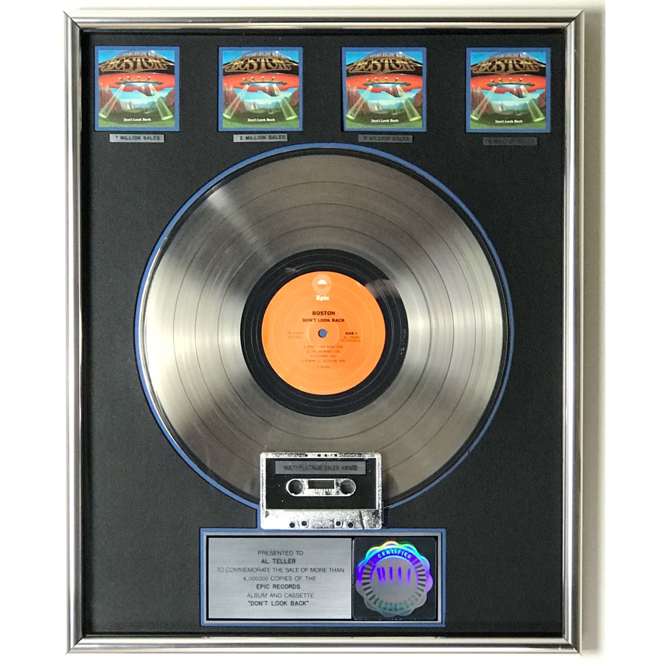 Rare Boston Don't Look Back RIAA 4x Multi Platinum Album Award - Perfect for Music Collectors & Rock Memorabilia Displays