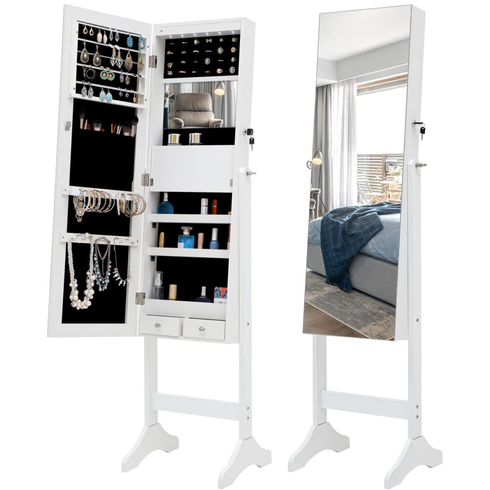 NYCSUOANI Fashion Jewelry Storage Mirror Cabinet with LED Lights - Elegant Vanity Organizer for Necklaces, Rings & Bracelets - Perfect for Bedroom, Living Room & Dressing Room Decor