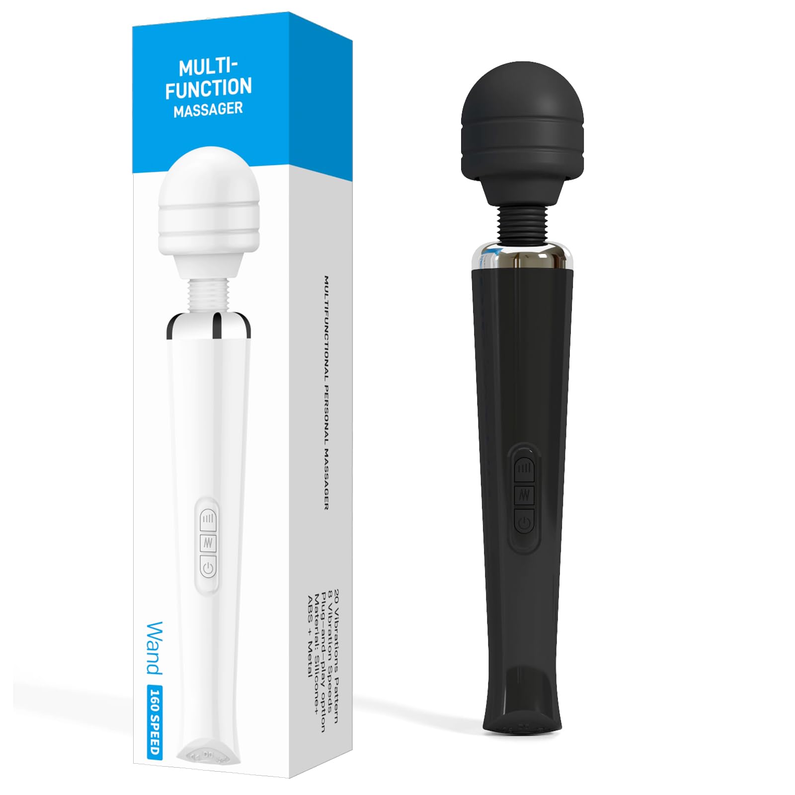 Powerful Rechargeable Vibrator Wand for Women - 8 Speeds & 20 Vibration Patterns, Ultra Quiet Adult Sex Toy with Soft Silicone Head - Perfect for Couples Play, Solo Pleasure & Travel (Glossy Black)