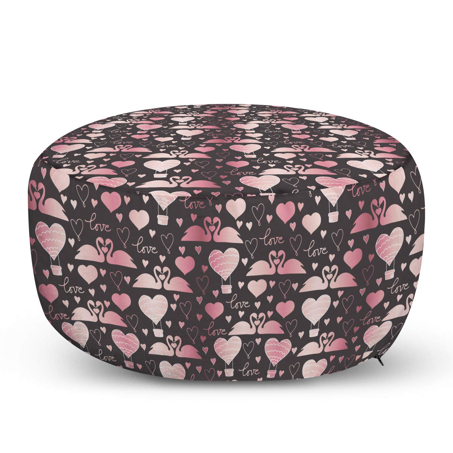 Ambesonne Valentines Day Ottoman Pouf - Lovebirds & Swans Romance Design, Soft Foot Rest with Removable Cover for Living Room & Bedroom - Taupe Grey Pink - Perfect for Home Decor, Cozy Seating & Gift Giving