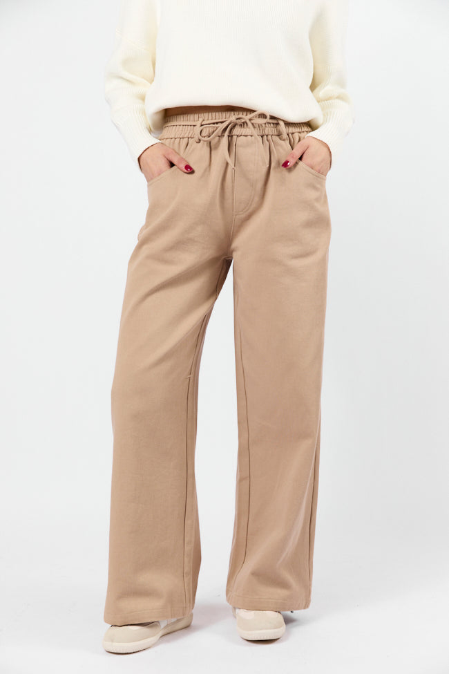 New Flow Khaki Pull-On Wide Leg Pants for Women - Comfortable High Waisted Elastic Waist Trousers - Perfect for Work, Travel & Casual Wear