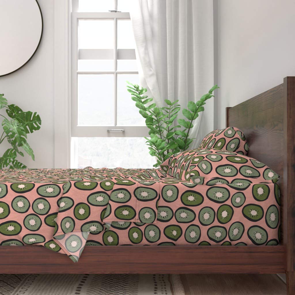 100% Cotton King Size 4-Piece Bed Sheet Set | Kiwi Pink Bloom Summer Fruit Modern Circles Green Plants Kitchen Print | Soft Breathable Bedding for Home Decor & Guest Rooms