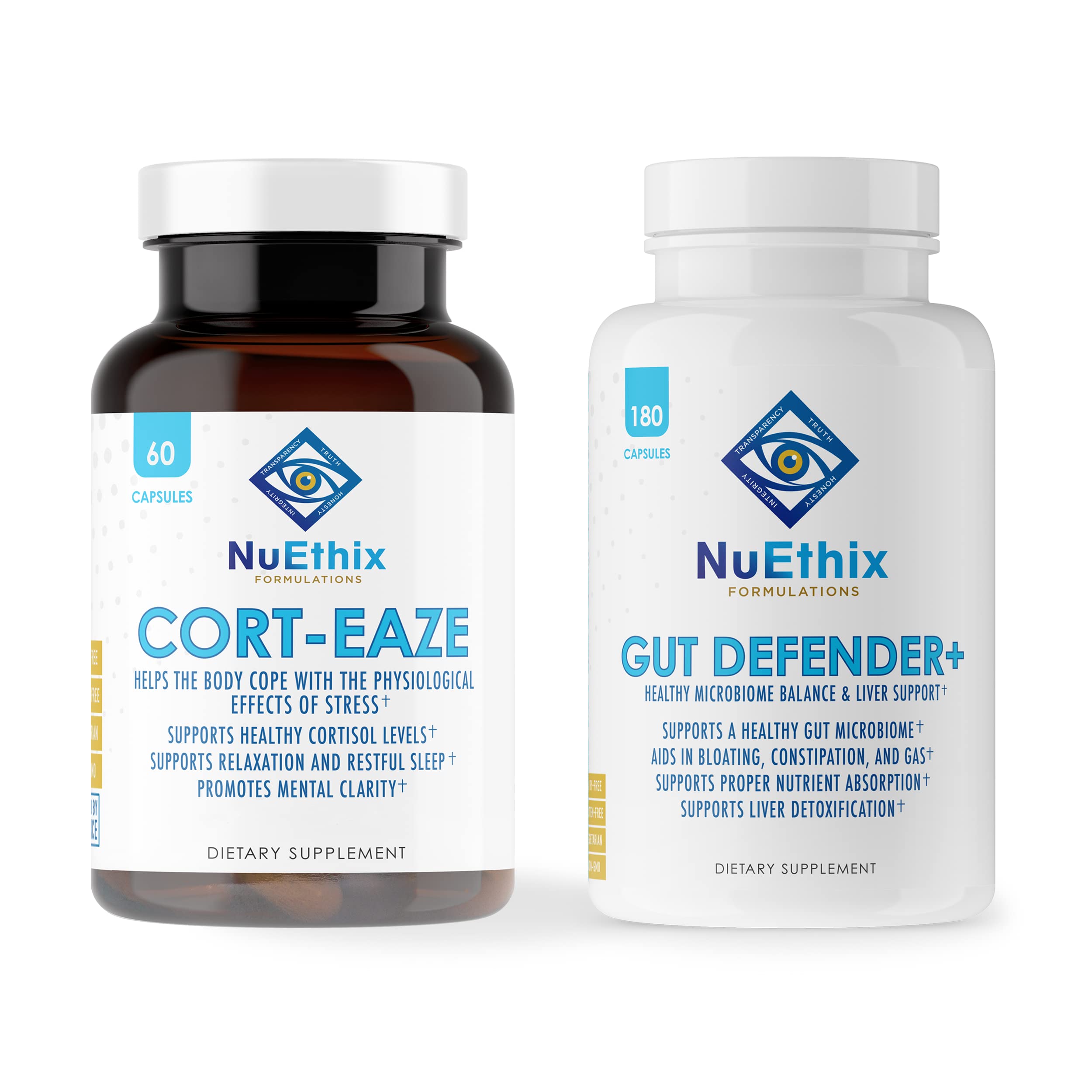 NuEthix Formulations Cortisol & Microbiome Balance Supplement Bundle - Cort-Eaze Stress Relief & Gut Defender+ Probiotic - 60+180 Capsules for Stress Management & Digestive Health - Perfect for Busy Professionals & Health-Conscious Individuals