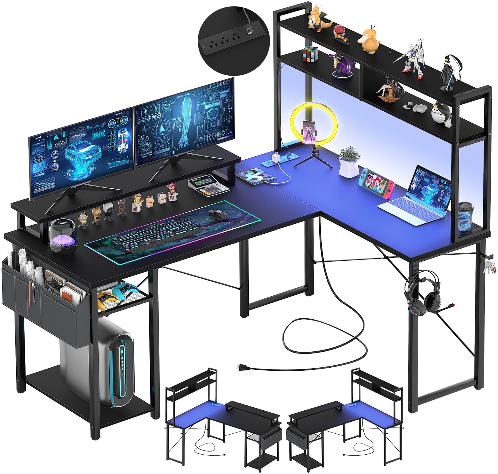 Aheaplus Small L-Shaped Gaming Desk with LED Lights & Power Outouts - Reversible Corner Computer Desk with Monitor Stand, Storage Shelf & Cable Management Bag - Perfect for Home Office, Streaming Setup & Small Space Gaming (Black)