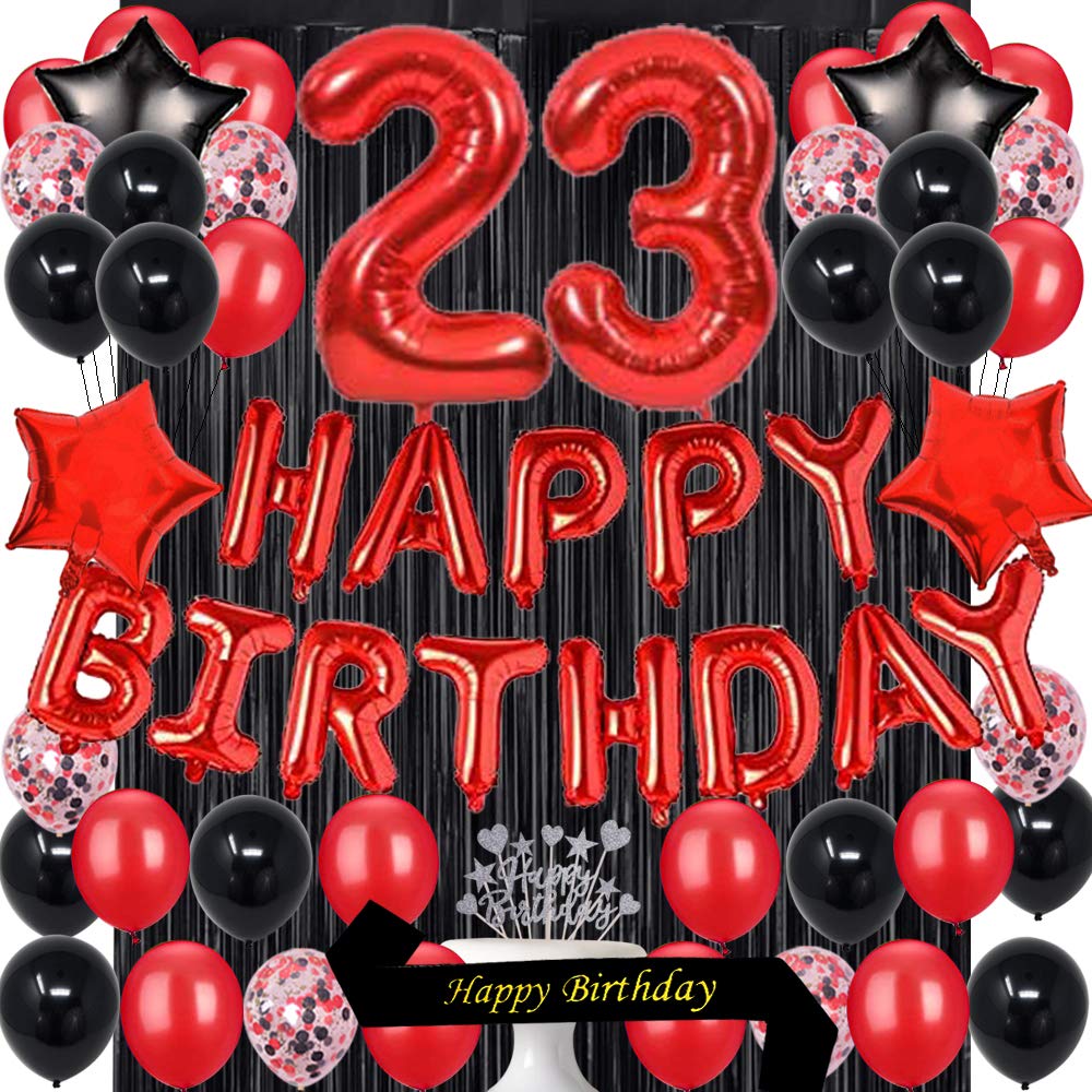 23rd Birthday Party Decorations Kit - Red & Black Latex Balloons, Cake Topper, Sash, Foil Curtains & Star Balloons for 23rd Birthday Celebrations | Perfect for Adult Birthday Parties, Milestone Celebrations & Themed Events