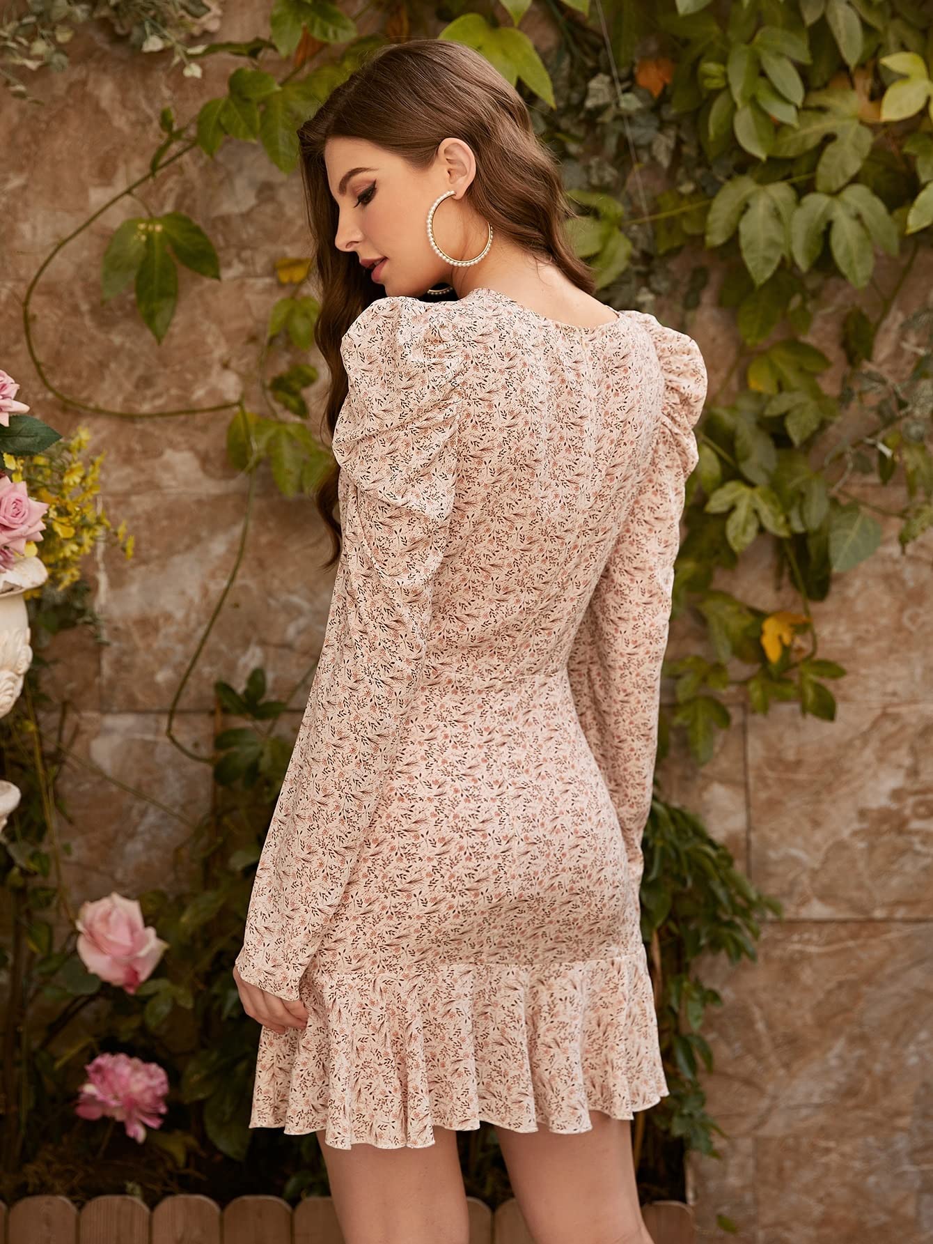 Women's Floral Print Ruffle Ruched Dress - Long Sleeve Casual Summer Dress for Cocktail Party, Date Night & Beach Vacation