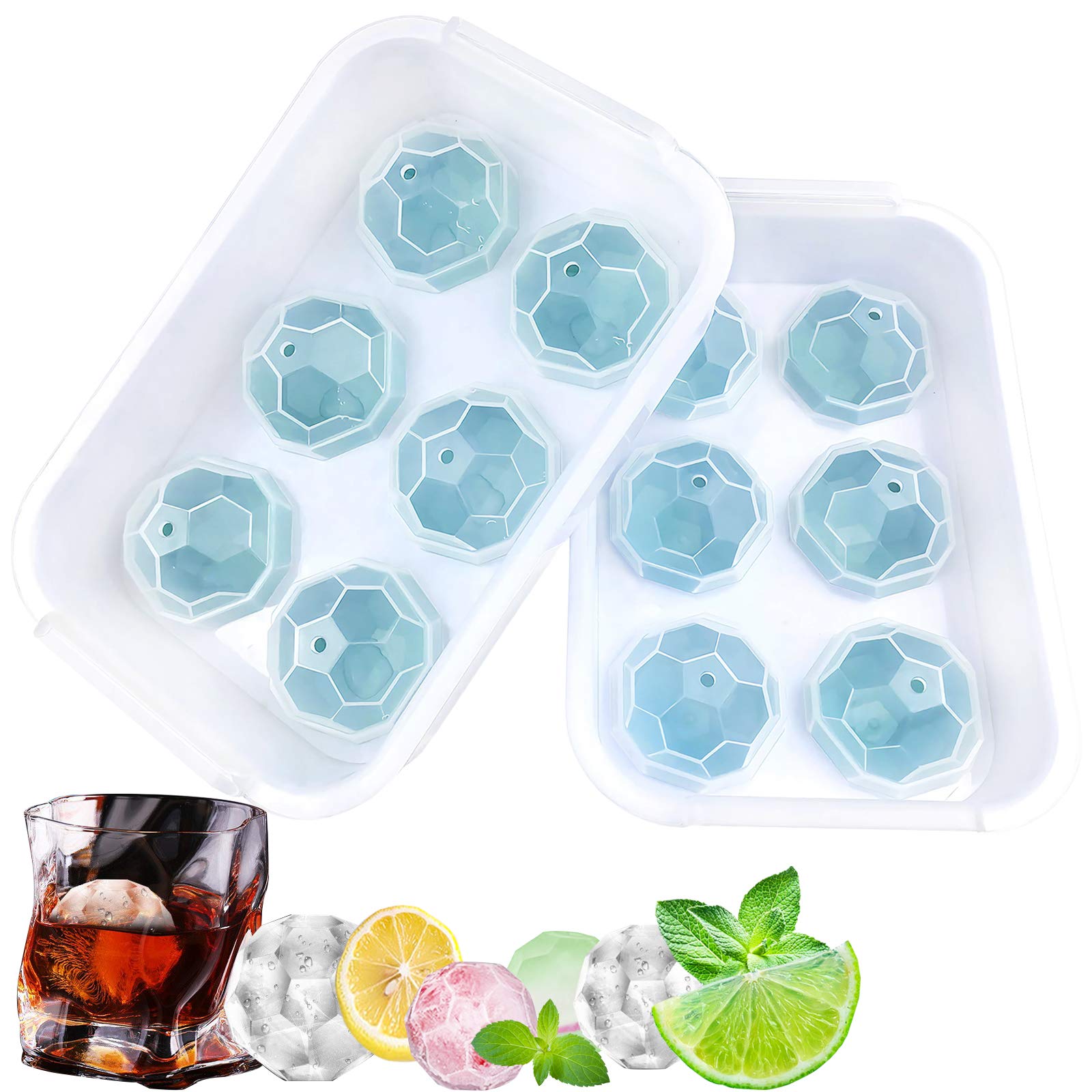 2 Pack Silicone Ice Cube Trays with Lid - Easy Release Sphere Ice Ball Maker & Large Square Ice Molds for Cocktails, Whiskey, Cold Drinks - Perfect for Home Bars, Parties & Office Use