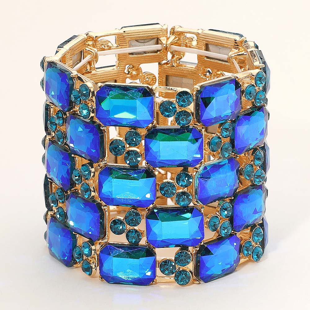 Large Blue AB Emerald Cut Crystal Stretch Bracelet on Gold - Elegant Pageant Jewelry for Women | Perfect for Prom, Weddings & Special Occasions