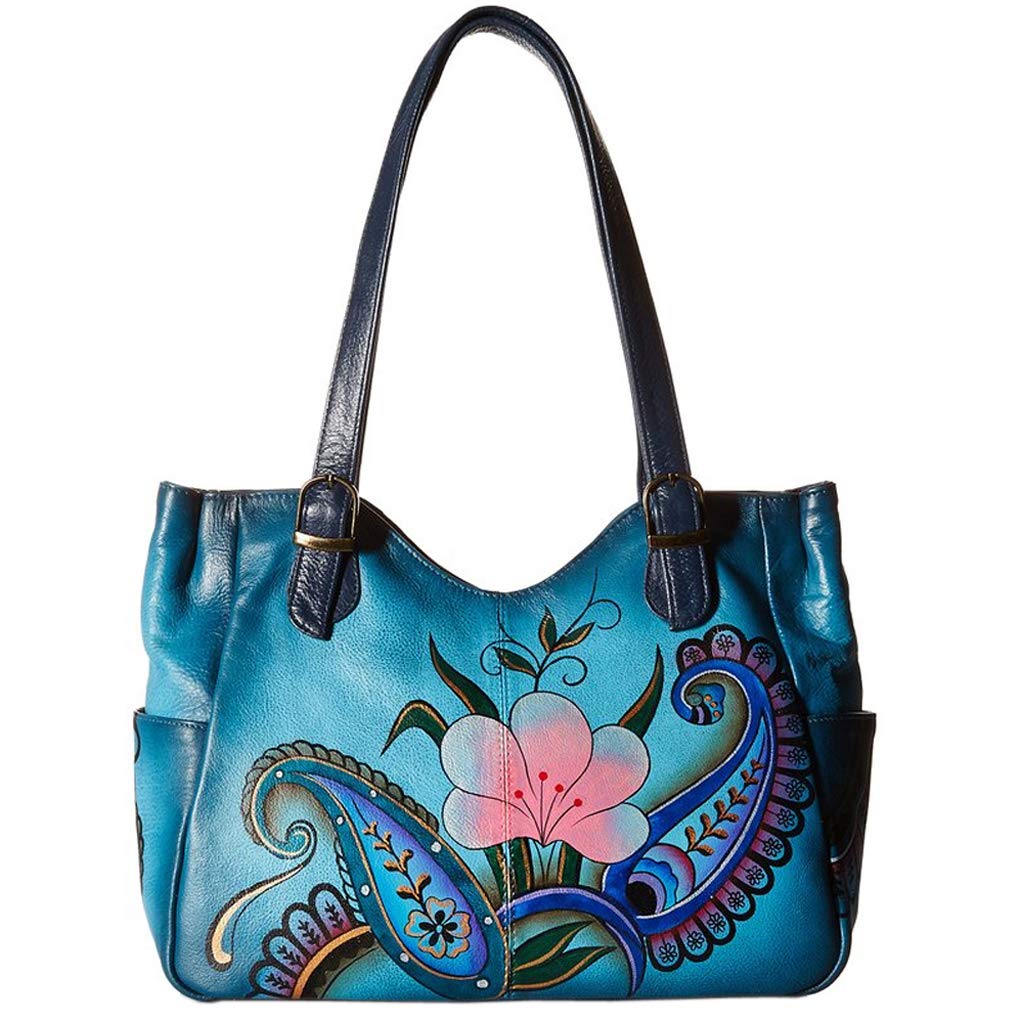 Anna By Anuschka Hand Painted Genuine Leather Tote Bag - Medium Denim Paisley Floral Design for Women, Perfect for Work, Travel & Everyday Use