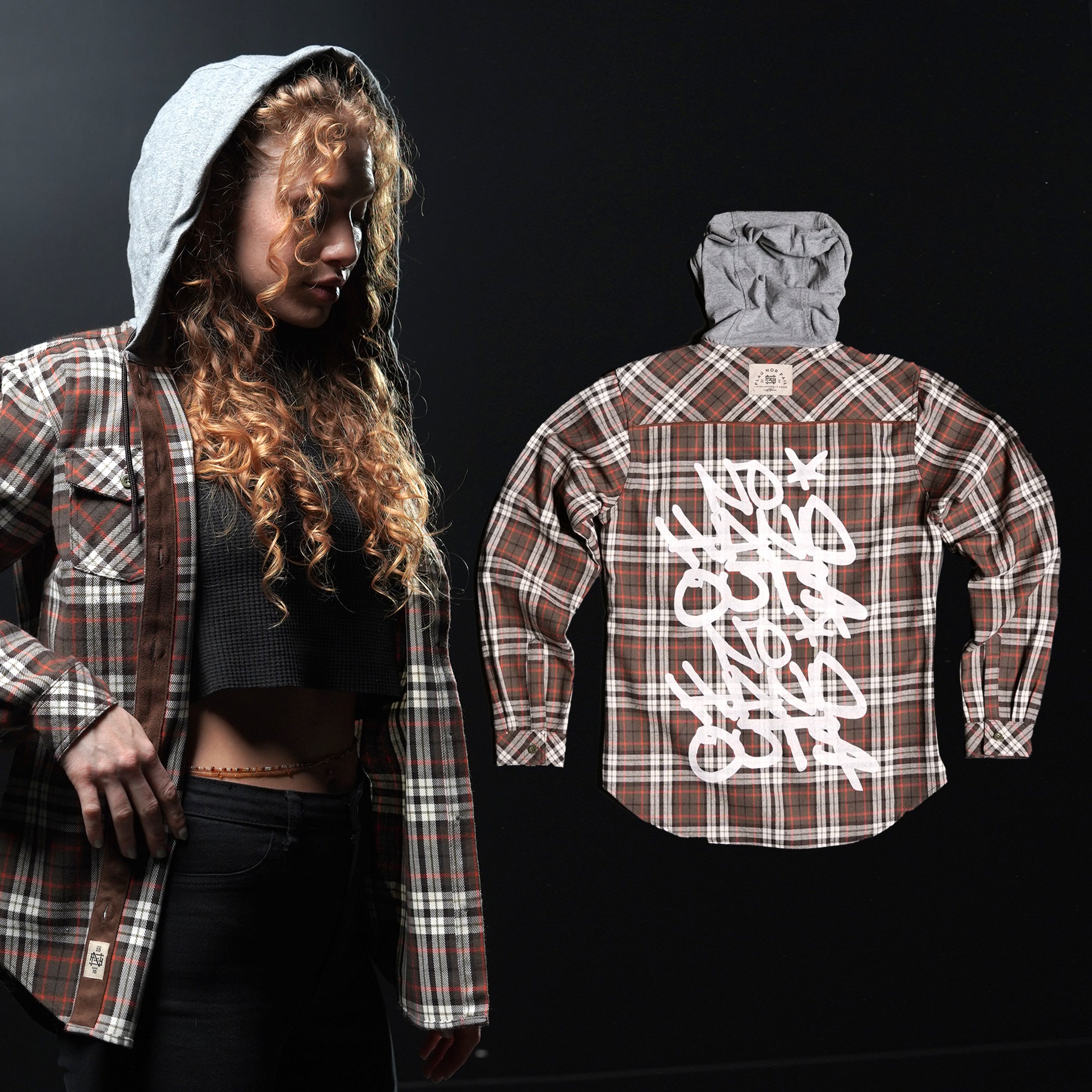 Women's Hooded No Handouts x Forever Flannel Shirt - Orange Plaid Cozy Overshirt for Fall & Winter Layering | Casual Outfit Essential for Outdoor Activities