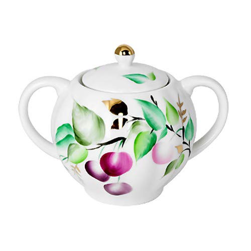 Royal Lomonosov Porcelain 'Cherries' Sugar Bowl - 4 Inch Elegant Tea Set Accessory for Afternoon Tea & Coffee Service
