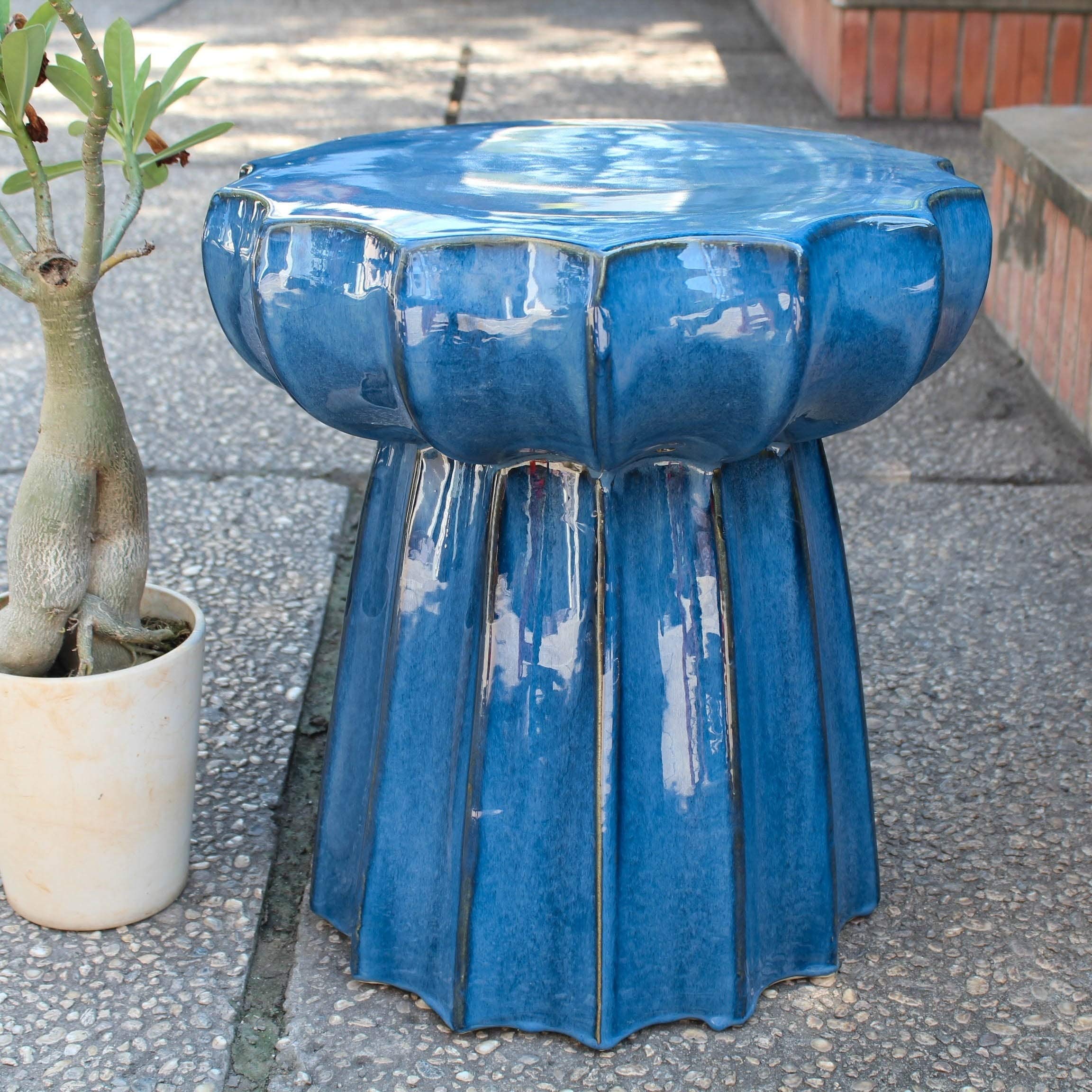 Navy Blue Round Scalloped Ceramic Garden Stool - Outdoor Patio Decor, Side Table, Plant Stand | Perfect for Balcony, Porch & Backyard Decorations