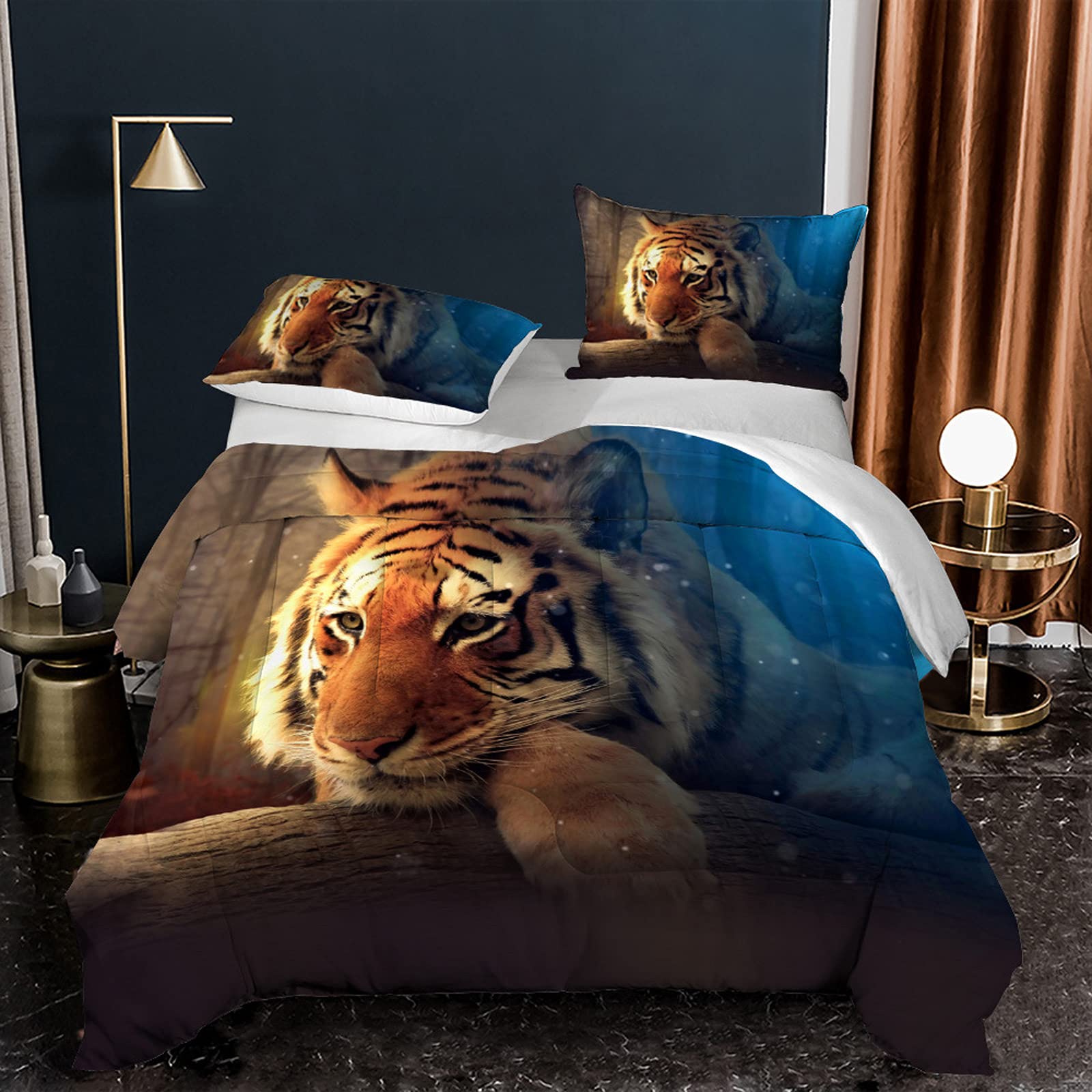 3D Wild Animal Print Tiger Bedding Comforter Set Queen Size - Lightweight Quilt with 2 Pillow Shams for Bedroom Decor, Jungle Theme Home & Kids Room