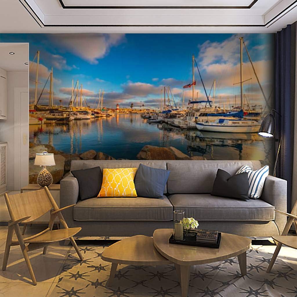Self-Adhesive Removable Peel & Stick Wallpaper Mural - Harbor of Oceanside with Boats & Lighthouse, California Coastal Decor for Living Room, Bedroom, Office | Easy DIY Home Craft Wall Decal