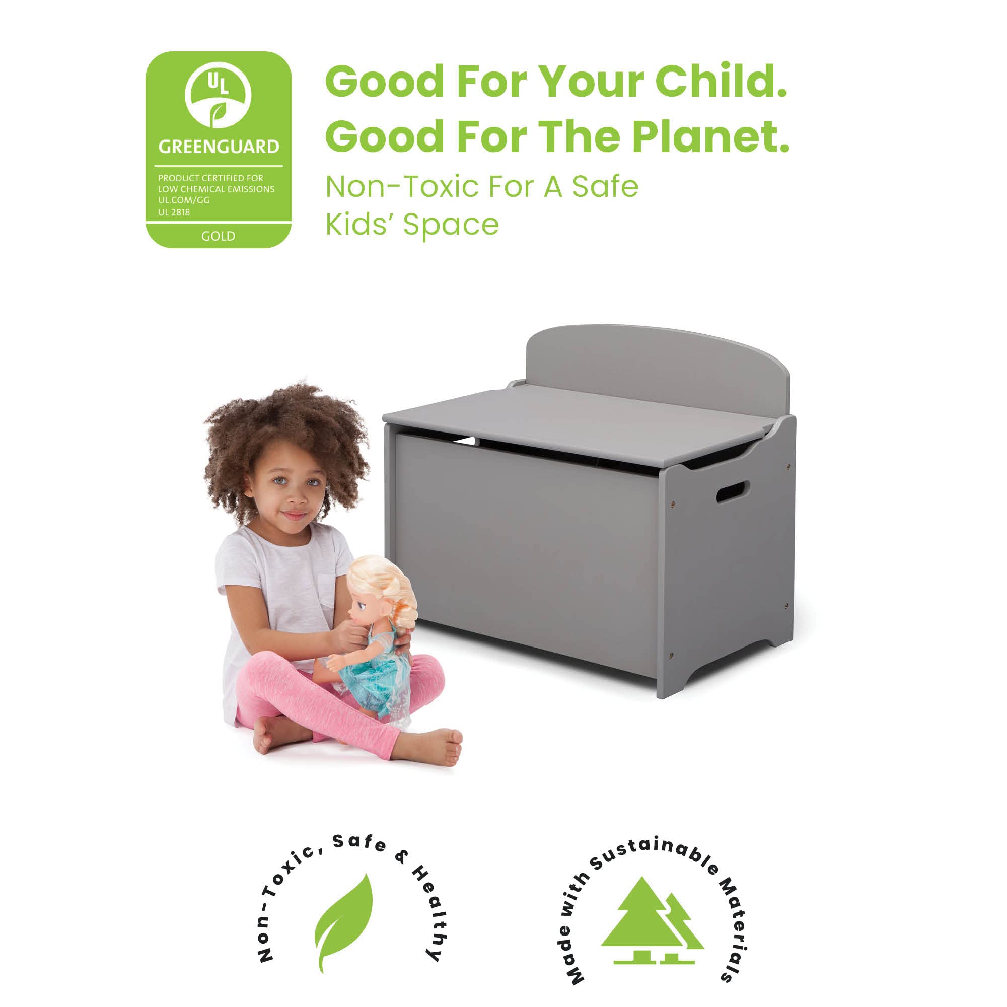 Delta Children MySize Chair Desk with Storage Bin & Deluxe Toy Box Set - Grey | Kids Study & Play Furniture for Bedroom, Nursery, or Playroom