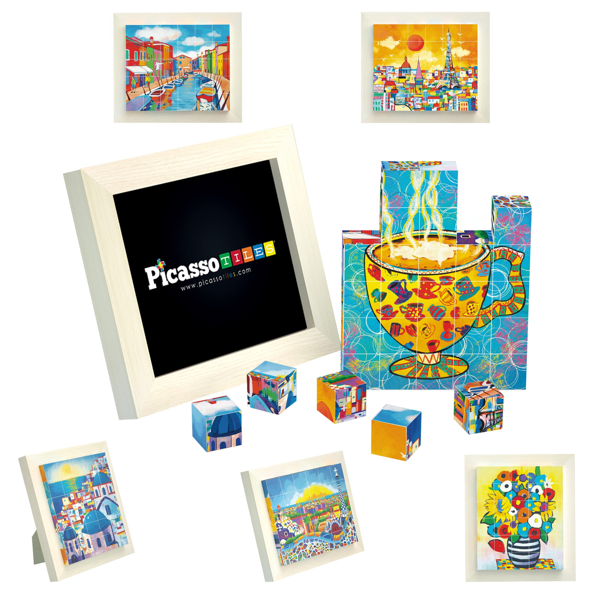 PicassoTiles 6-in-1 Magnetic Building Blocks Set - World Famous Landmark Puzzles (Eiffel Tower, Santorini, Park Guell) | STEM Educational Art Toys for Kids | Creative Play, Classroom Learning & Home Decor