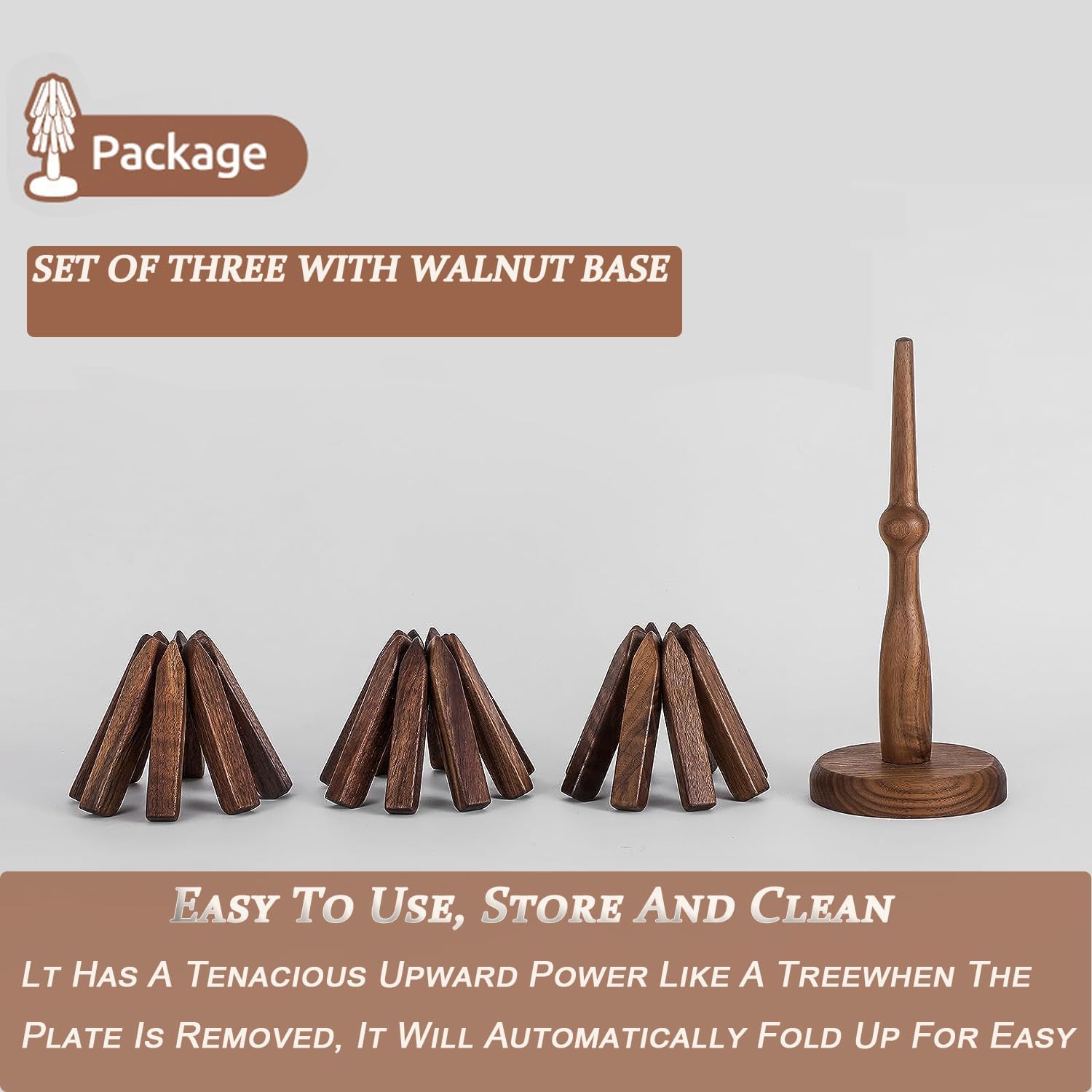 Black Walnut Wooden Trivet Set - 3 Tree-Shaped Hot Dish Coasters with Stand for Pots, Pans & Serving Dishes - Perfect for Kitchen, Dining Table & Outdoor BBQ