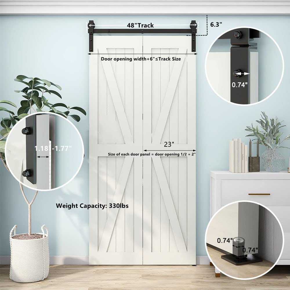 4FT Heavy Duty Bi-Folding Sliding Barn Door Hardware Kit - Smooth & Quiet Operation, Easy Installation for Double Doors (No Door Included) - Perfect for Bedroom Closets, Pantries and Home Office Spaces