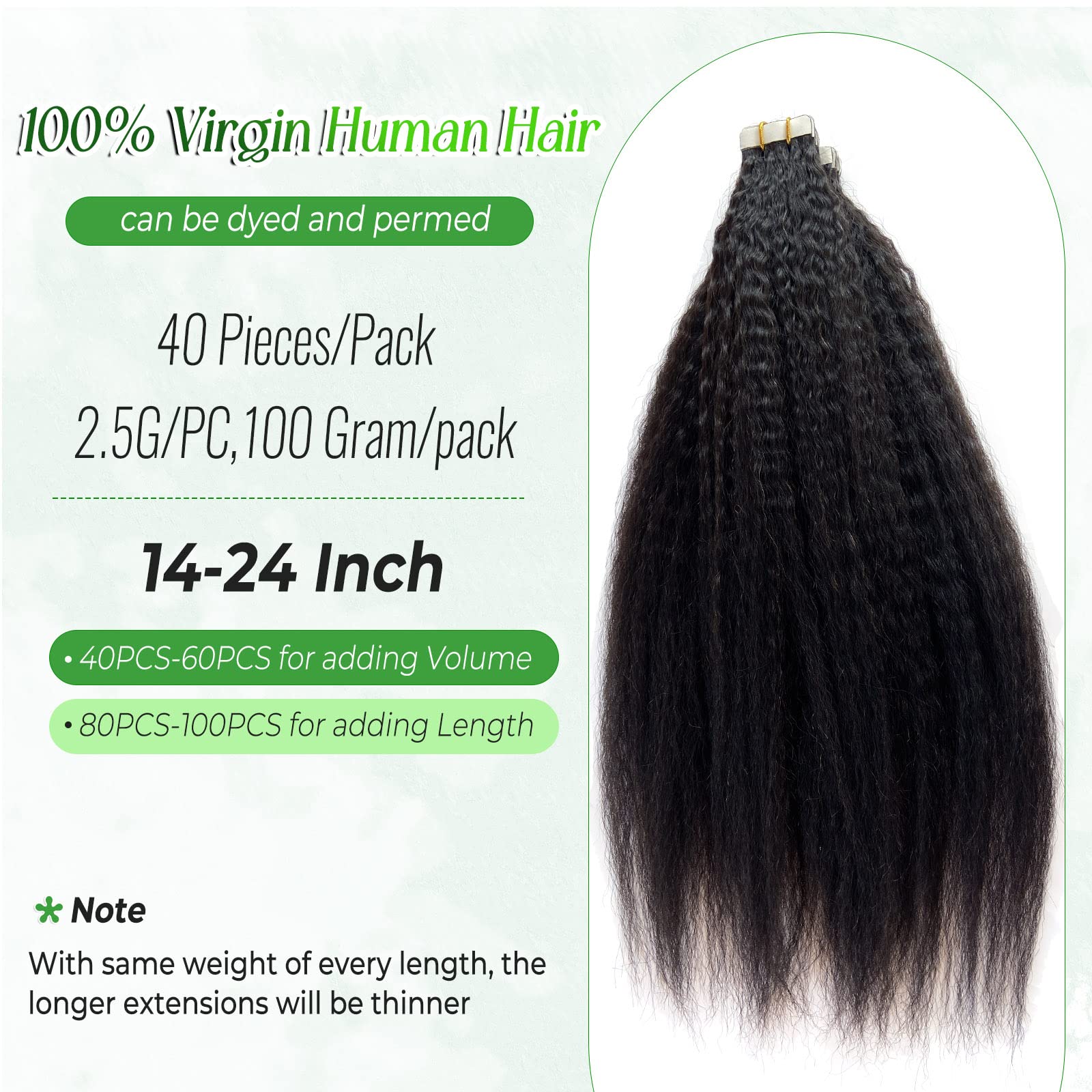Tape in Hair Extensions 24 Inch Kinky Straight Human Hair - 40 Pieces 100g Natural Black Invisible Tape Extensions for Black Women | Perfect for Short Hair, Styling, Volume Boost & Everyday Wear