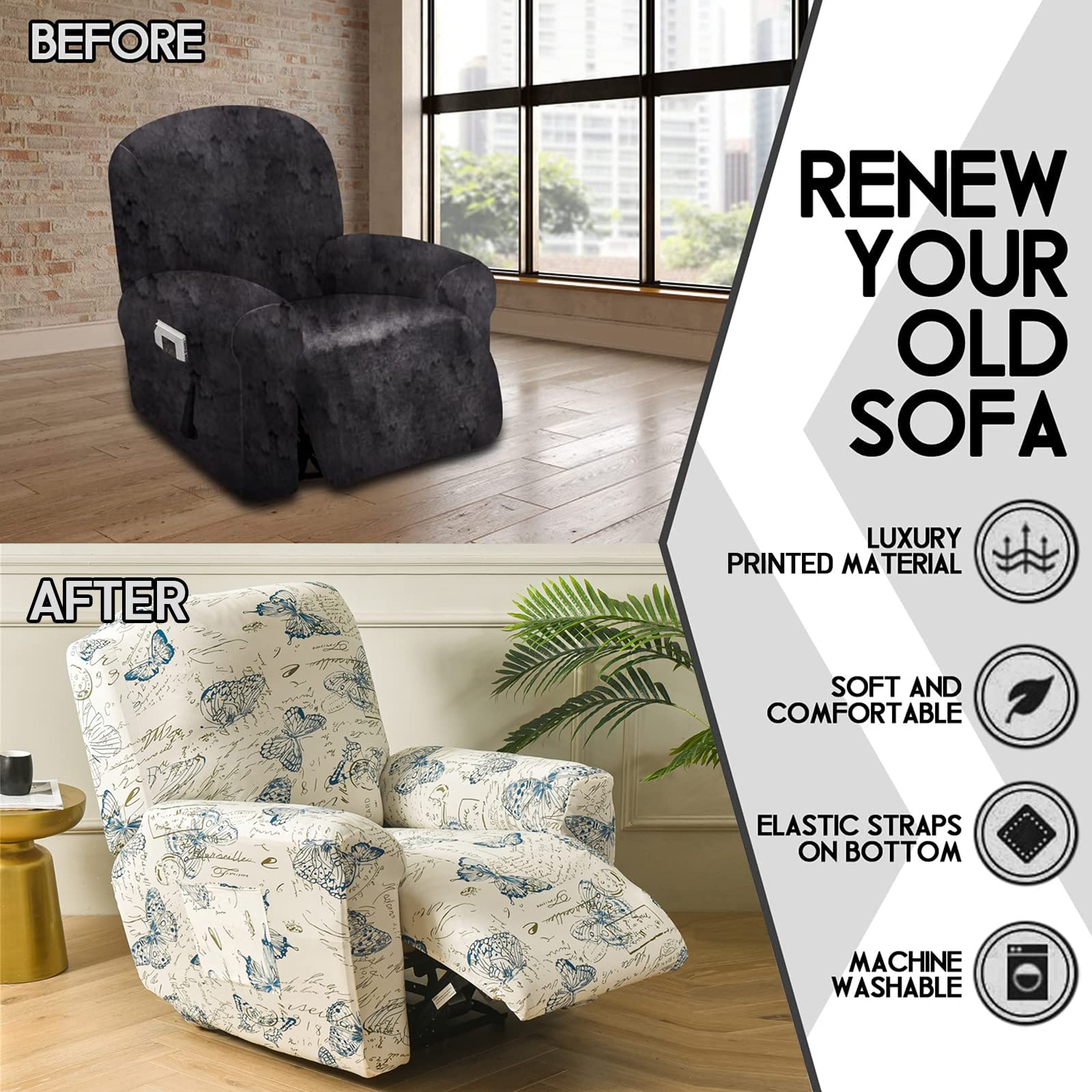 CRFATOP Recliner Chair Slipcover Set with Pockets - 4-Piece Stretchable Cover for Lazy Boy Recliners, Elastic Bottom (Fallon Collection) - Perfect for Living Room, Home Theater & Relaxation