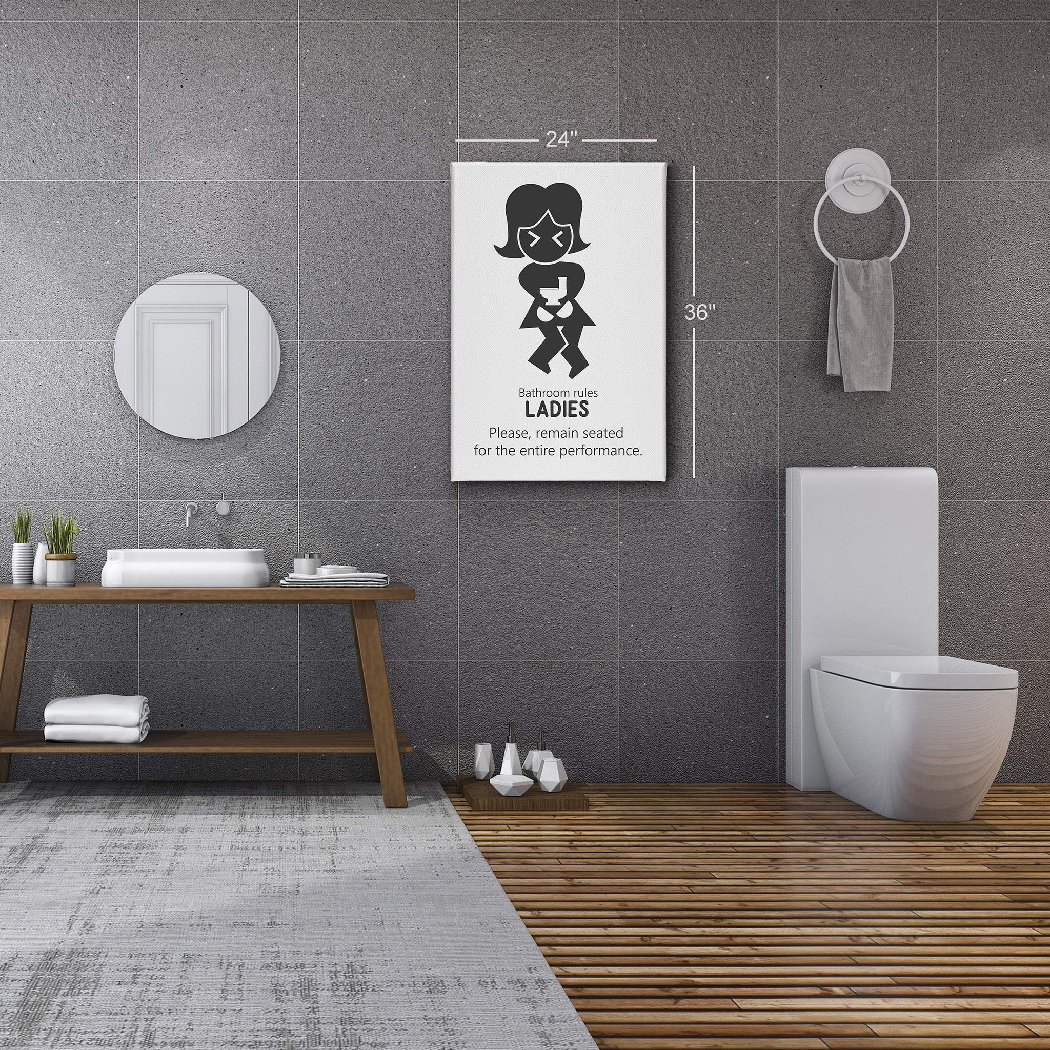 Funny Bathroom Sign Canvas Print - 'Ladies Please Remain Seated' Humorous Wall Art Decor, 36x24 Inch Ready to Hang Bathroom Rules Poster, Made in USA - Perfect for Powder Rooms, Guest Baths & Home Decor