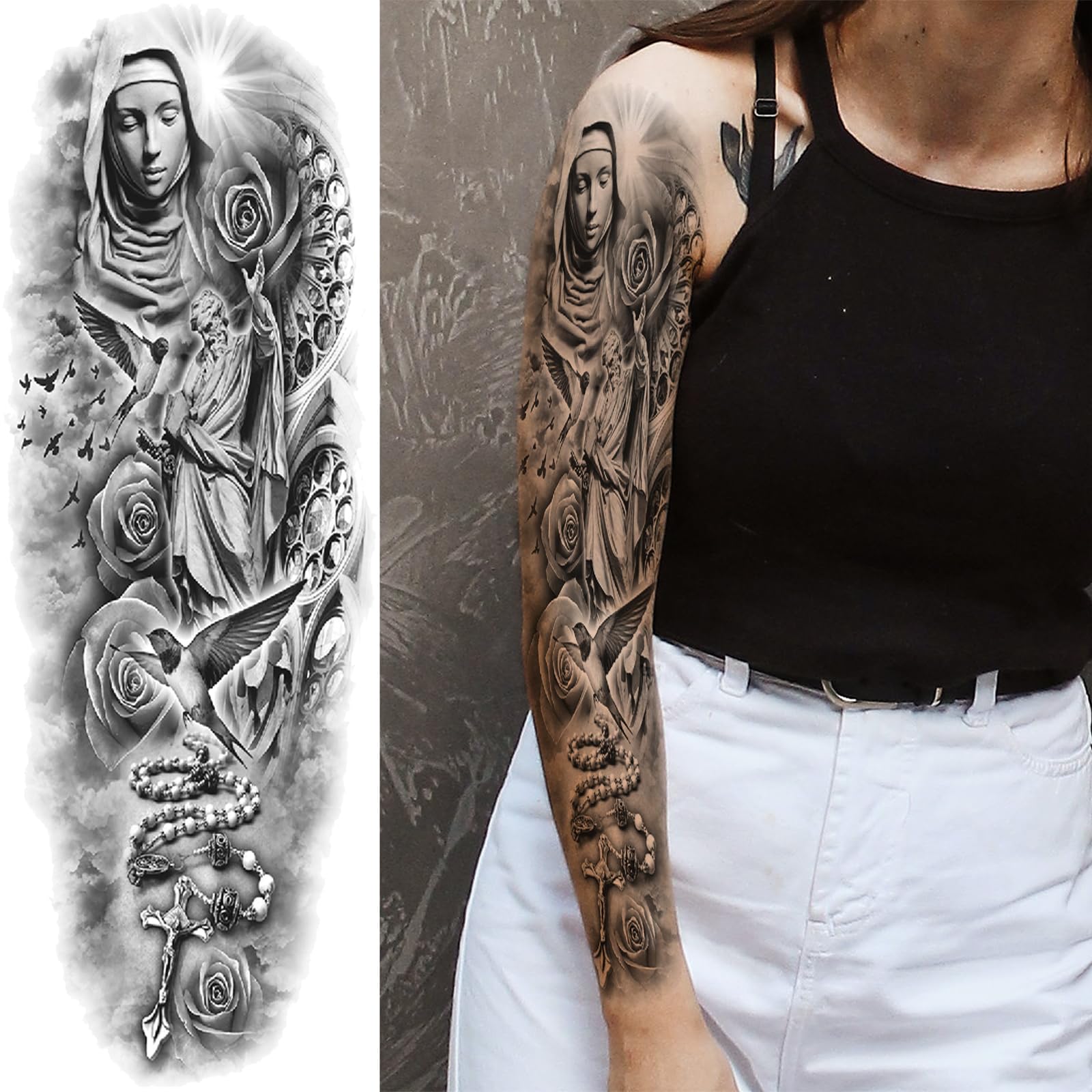 Religious Temporary Tattoo Sleeves for Men & Women - 4-Sheet Full Arm Christian Cross Tattoos with Jesus & God Designs + 4-Sheet Half Sleeve Praying Cross, Lion & Skull Fake Tattoos - Perfect for Church Events, Costume Parties & Body Art Enthusiasts