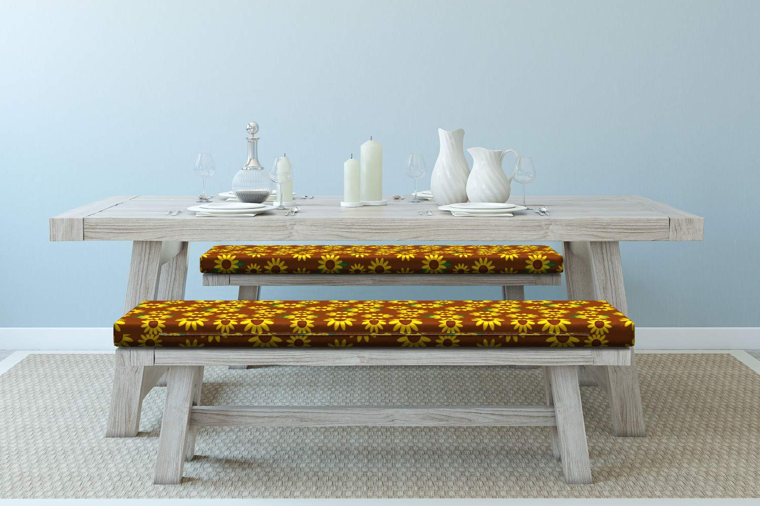 Ambesonne Sunflower Bench Cushion Set of 2 - Cartoon Floral Design with Vibrant Petals & Green Leaves, 45x15x2 Inch Outdoor Garden Seat Pad - Perfect for Patio, Deck, Porch & Outdoor Furniture Decor
