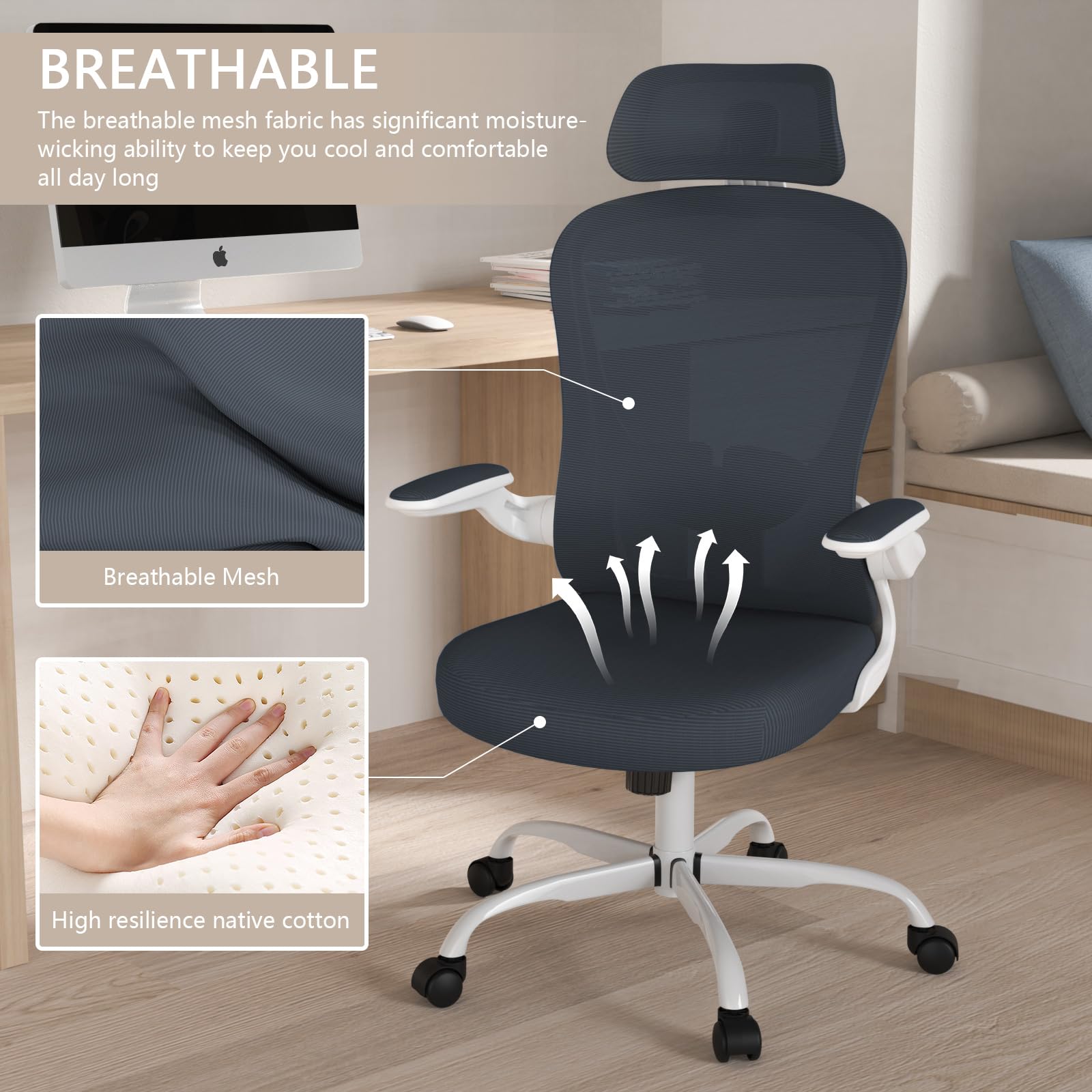 Ergonomic High Back Office Chair with Adjustable Lumbar Support & Headrest - Breathable Mesh Task Chair, Swivel Executive Desk Chair with Flip-Up Armrests - Perfect for Home Office, Gaming & Workspaces