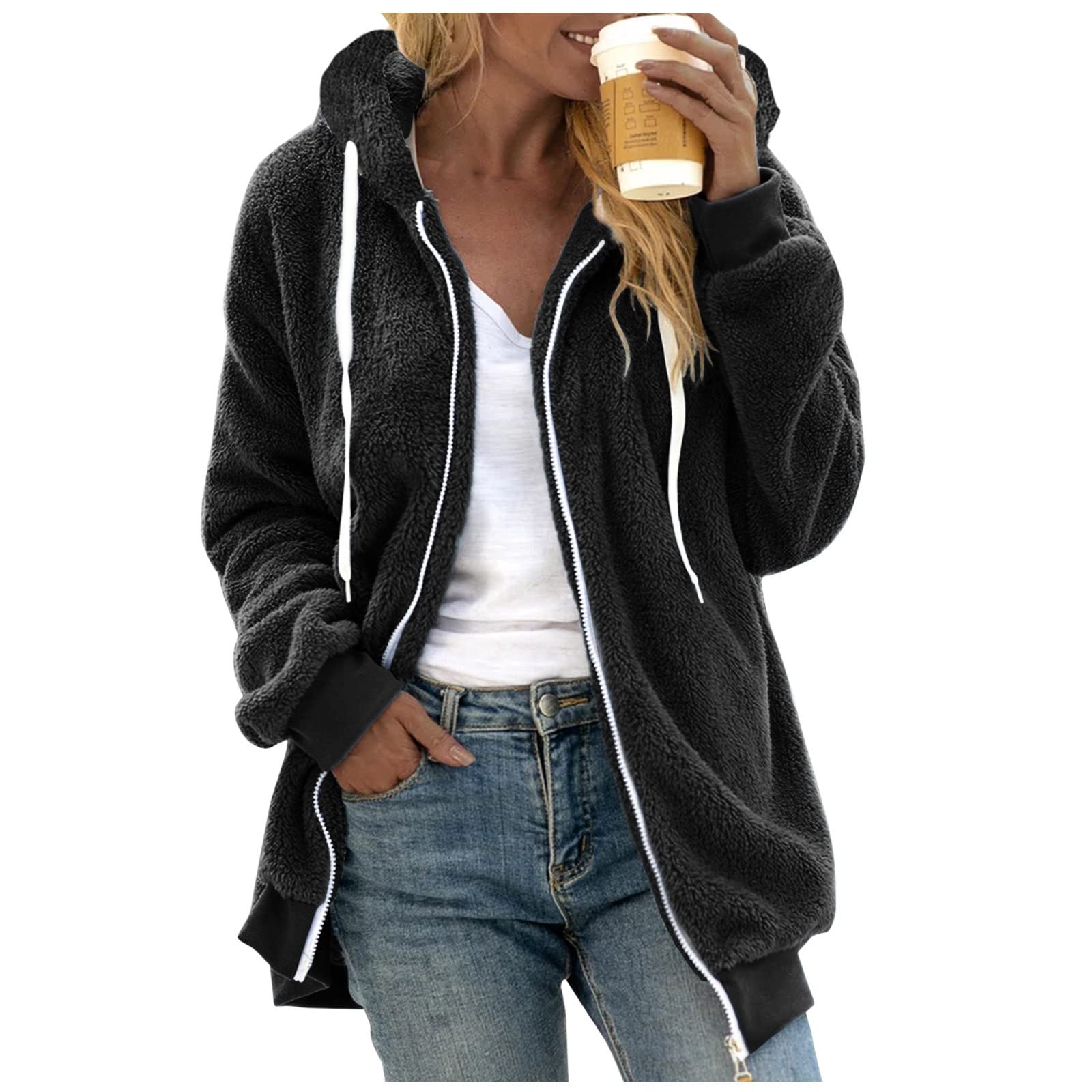 Women's Winter Fleece Jacket with Full Zipper & Hood - Warm Plus Size Outerwear for Cold Weather | Cozy Hooded Sweatshirt with Pockets for Outdoor Activities & Casual Wear