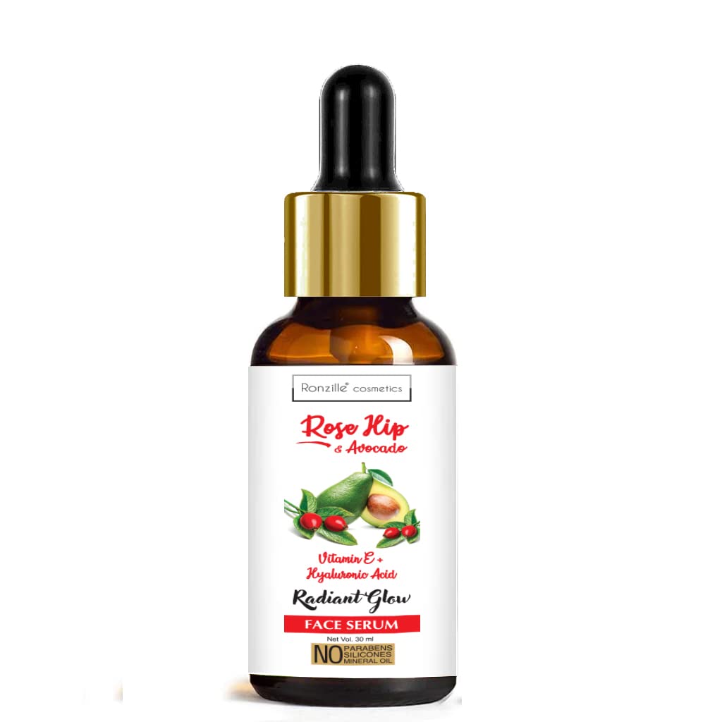 RONZILLE Rose Hip & Avocado Vitamin-E + Hyaluronic Acid Face Serum for Radiant Glow - 30ml Anti-Aging Moisturizer for Dry Skin, Day & Night Use