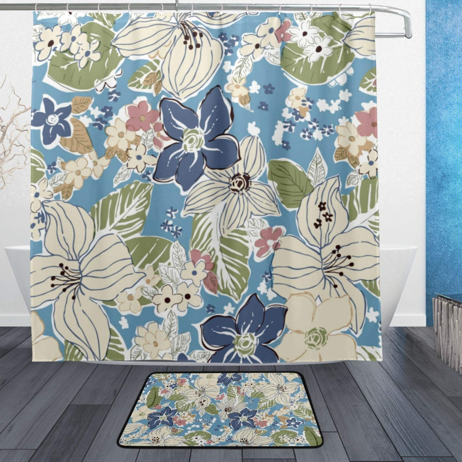 Floral Waterproof Shower Curtain with Absorbent Bath Mat Set - Metal Buttonhole Design, Non-Slip Bathroom Decor for Modern Homes (Blue) | Perfect for Guest Bathrooms, Master Suites & Spa-Like Retreats