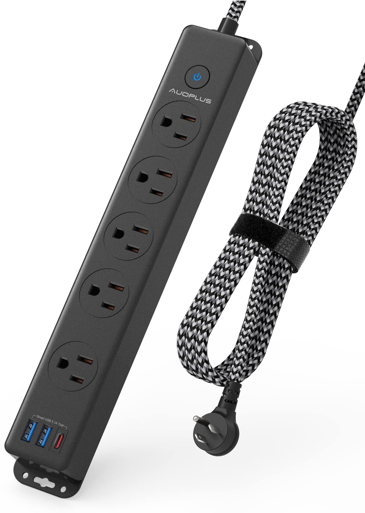 AUOPLUS Surge Protector Power Strip with USB C Ports - 5FT Braided Extension Cord, 5 Outlets & 3 USB Ports (1 USB C), Mountable Flat Plug with Overload Protection - Perfect for Home Office, Gaming Setup & Travel