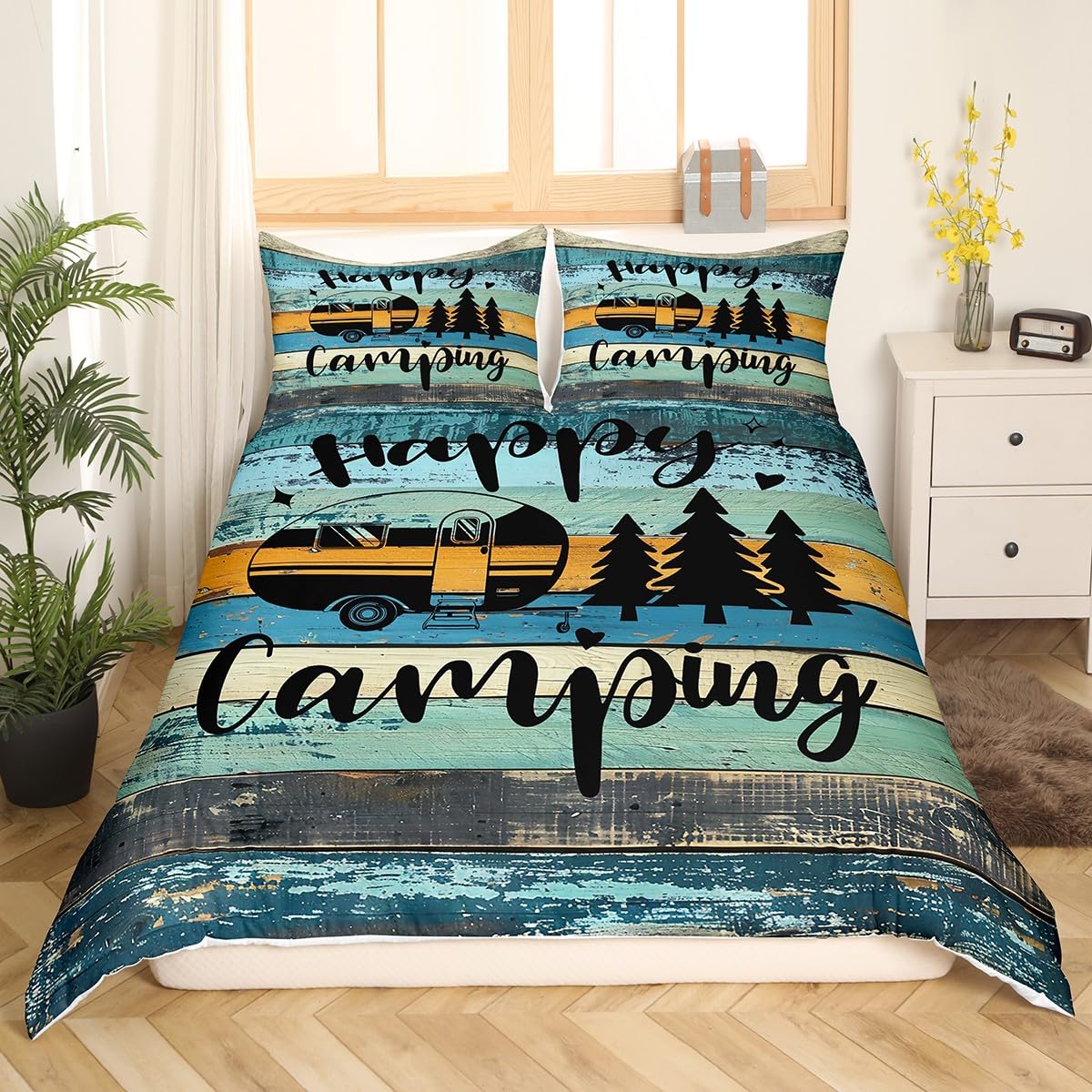 RV Camper Queen Size Duvet Cover Set - Happy Camping Green & Blue Striped Farmhouse Style Bedding with 2 Pillow Shams | Ultra Soft Breathable Microfiber for Teens & Youth | Perfect for RV Trips, Camping Adventures & Cozy Cabin Stays